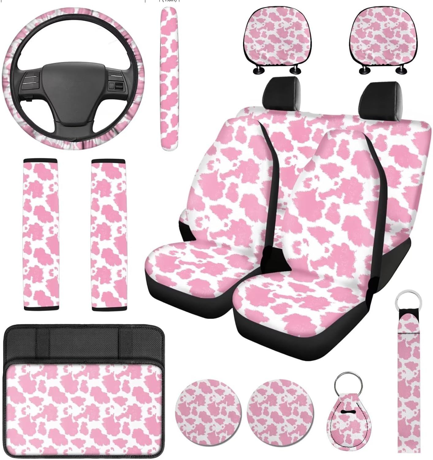 14 Pcs Blue Cow Print Car Seat Covers Full Set, Auto Steering Wheel Cover Armrest Cushion Head Rest Protector Seat Belt Covers,Car Interior Accessories Sets Unverisal Fit Cars SUV Turcks