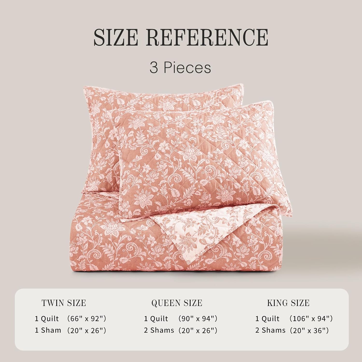 BLOOMHAVEN Quilt Set King Size, Clay Pink Floral Quilt Sets, Reversible Bedspread Lightweight and Breathable for All Seasons, Soft Quilted Bedspread with 2 Pillow Shams