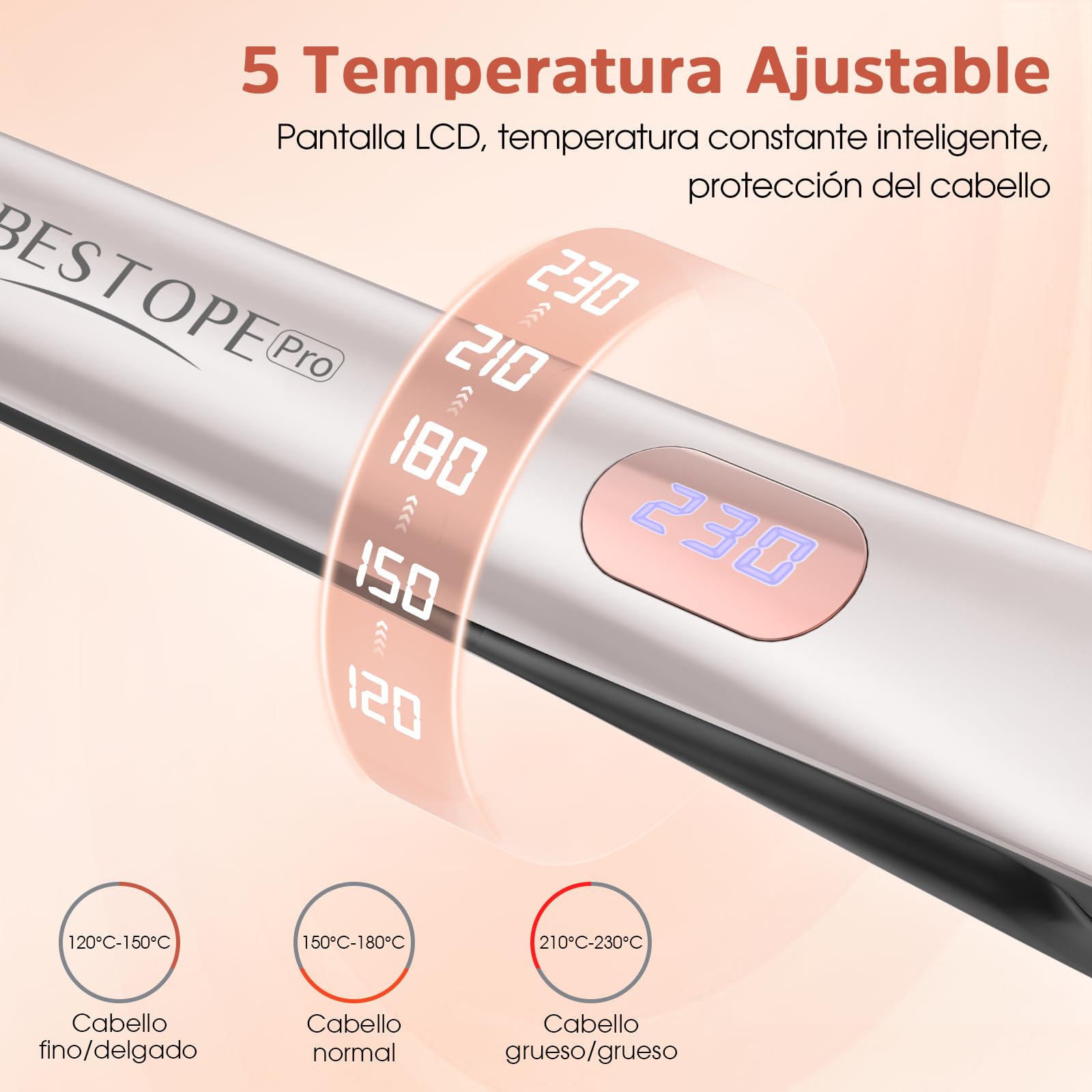 Planchas del Pelo Con Pantalla Digital - Plancha de Pelo Profesional, Tecnología Iónica Anti Frizz, Placas Flotantes Extralargas, Calentamiento Rápido, 5 Ajustes de 120°C a 230°C (Champán) — view 5