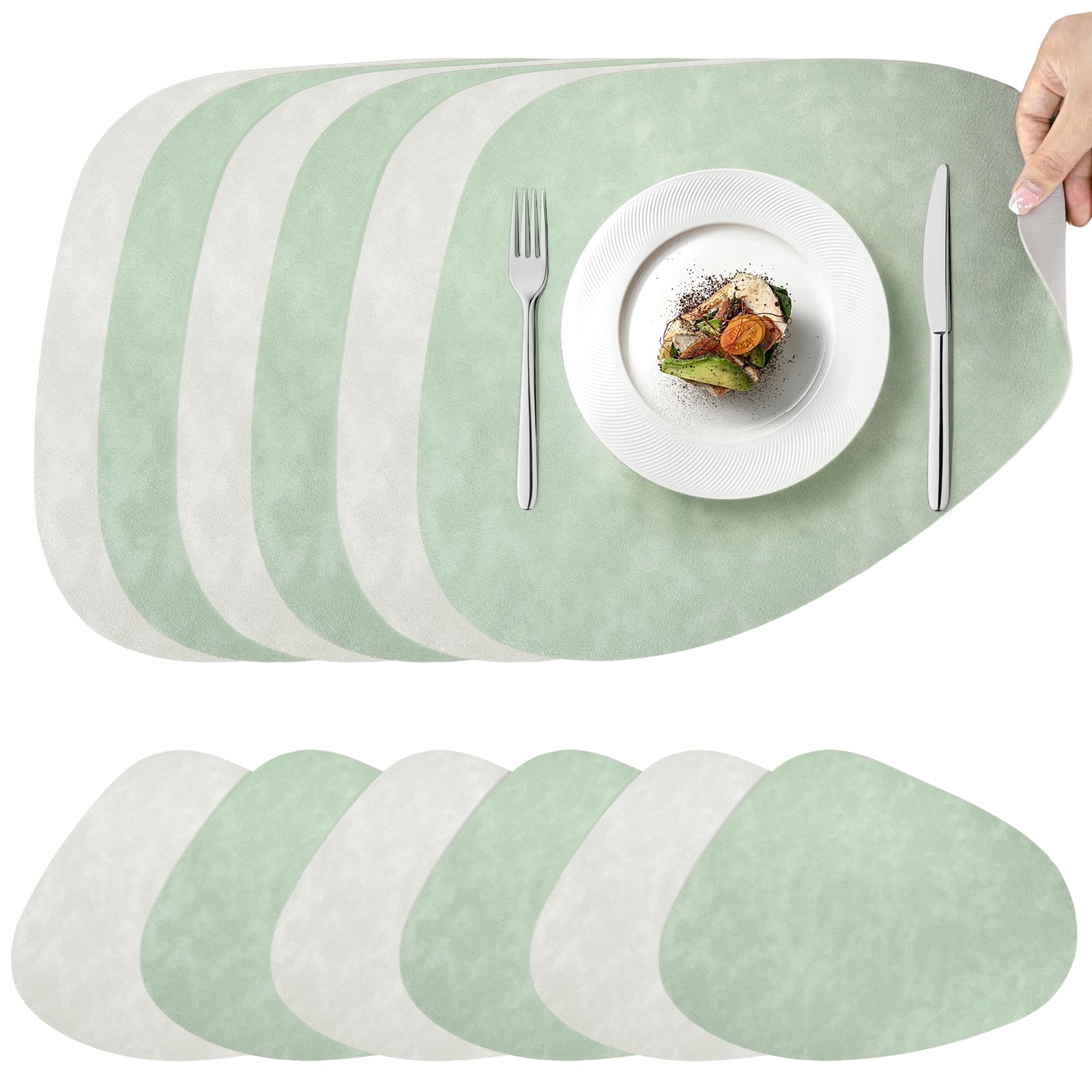 Set de table en cuir synthétique lot de 6 lavables double face bicolore vert et beige
