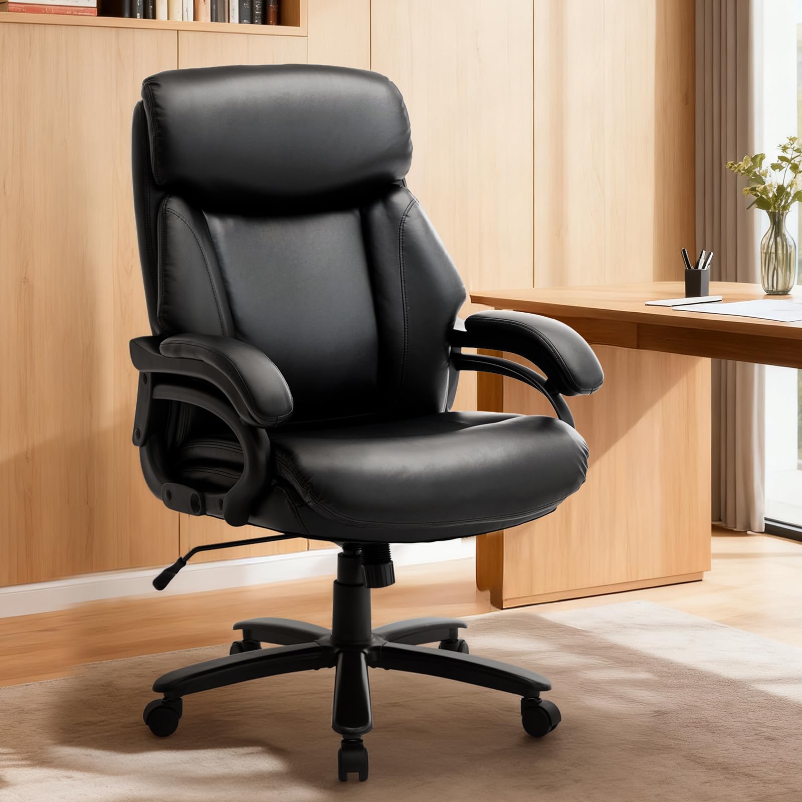 COLAMY XXL Chefsessel[181kgs] - Hochlehner Bürostuhl Leder mit verstellbaren Armlehnen - Extra breiter Sitz (59cm) für Homeoffice und Büro, Schwarz