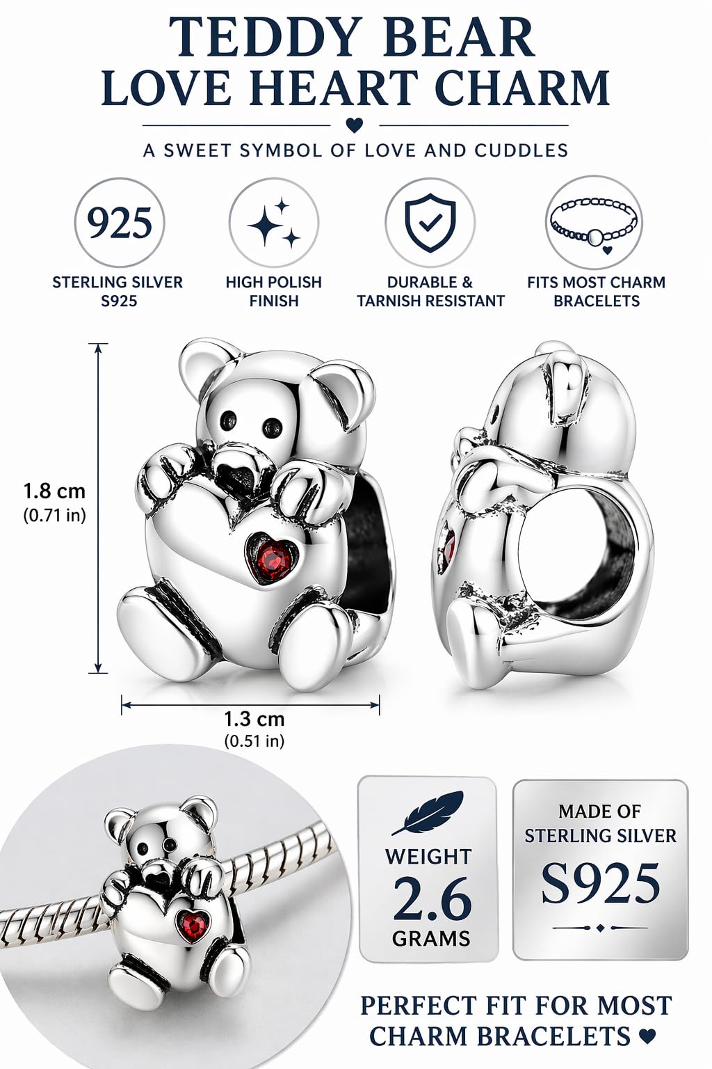 Jewellbox Braccialetto da bambina in argento Sterling con ciondolo a forma di orsetto con cuore.
