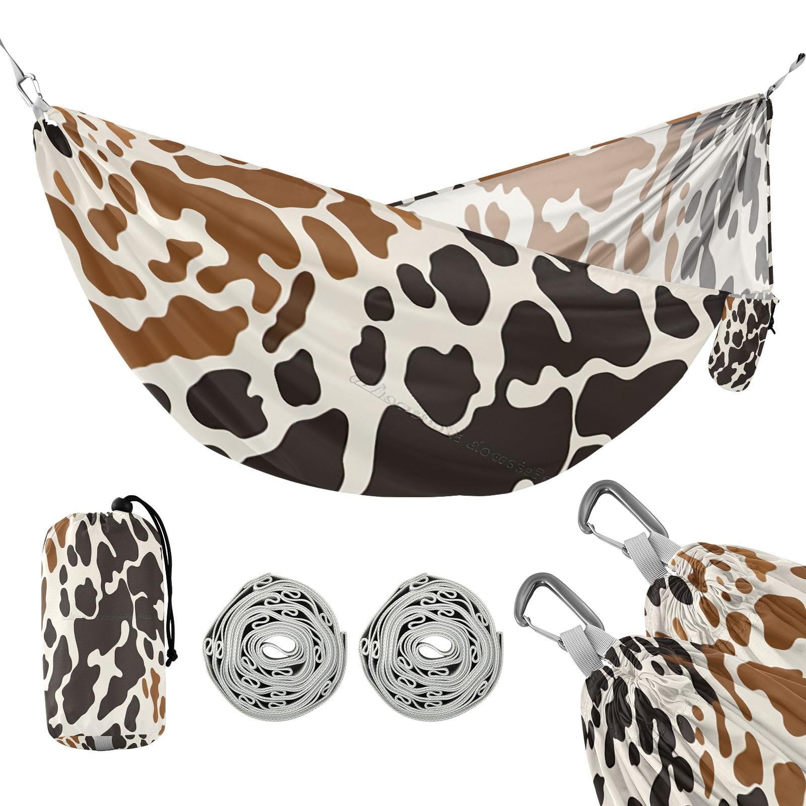 Haskirky Cow Print Camping Hammock, Single Portable Hammocks with Tree Straps & Attached Carry Bag, 330Lbs Capacity Perfect for Outside Indoor Hiking Beach Backpack Travel