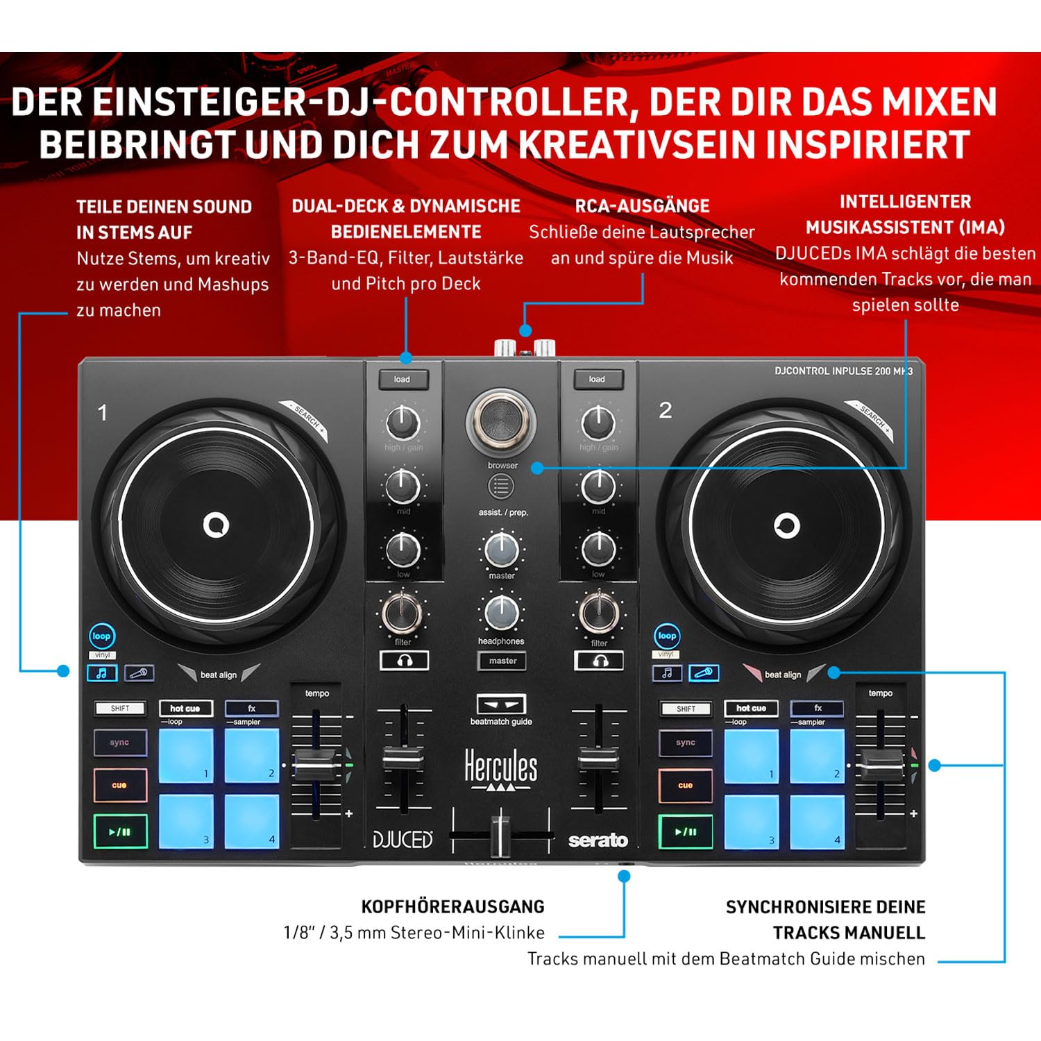 Hercules Inpulse 200 MK3 DJ-Controller mit DJ45 Kopfhörer