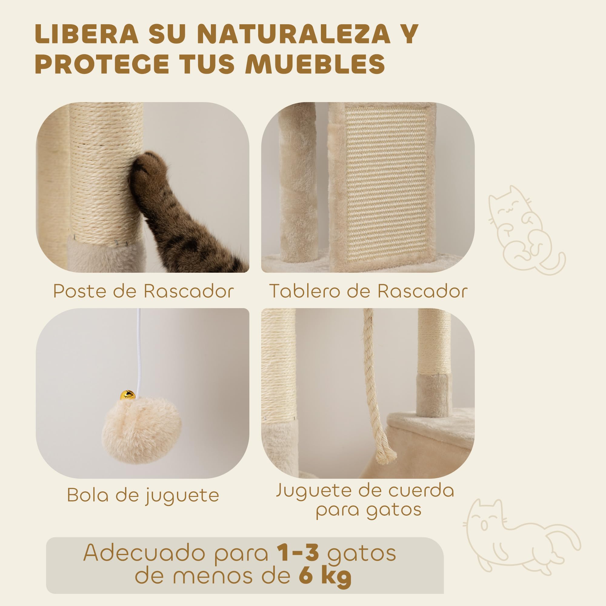 PawHut Rascador para Gatos Grande Altura 206 cm con Cuevas Hamacas Beige | Árbol para Gatos, Torre de Escalera, Plataformas, Bolas Colgantes