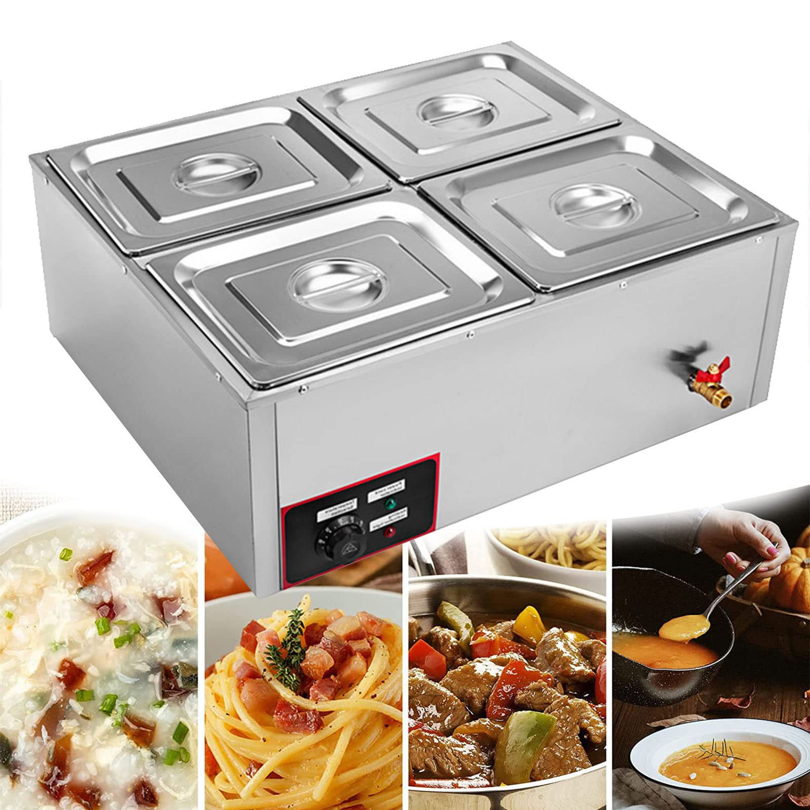Scaldavivande Elettrico in Acciaio Inox per Buffet, intervallo di Temperatura 30-85 °C, contenitori Commerciali con coperchi, Rubinetto di Scarico per Catering e ristoranti