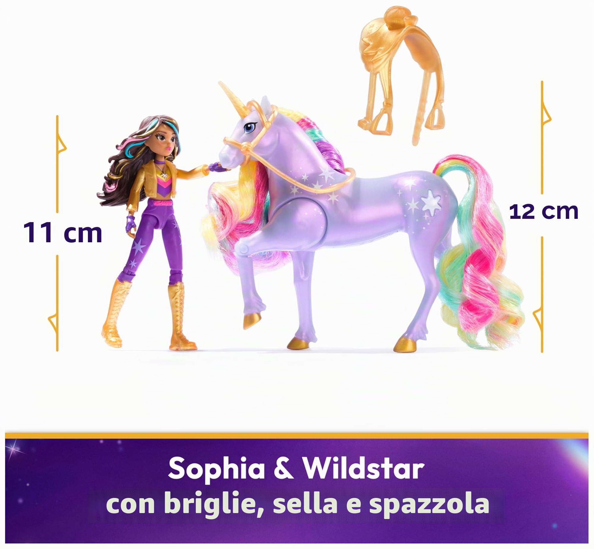 Unicorn Academy, Sophia & Light Magic Wildstar con Effetto Magica Luce dell’Arcobaleno, 2 Accessori per l'Equitazione, Bambole e Unicorni Giocattolo per Bambine, 4+ Anni