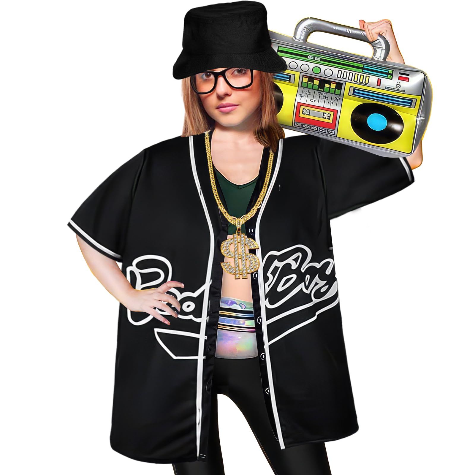 Traje de los años 80 y 90 para mujer, 6 piezas, disfraz de hip hop, camiseta de béisbol, pantalones de yoga, sombrero de cubo, cadena y accesorios de rapero