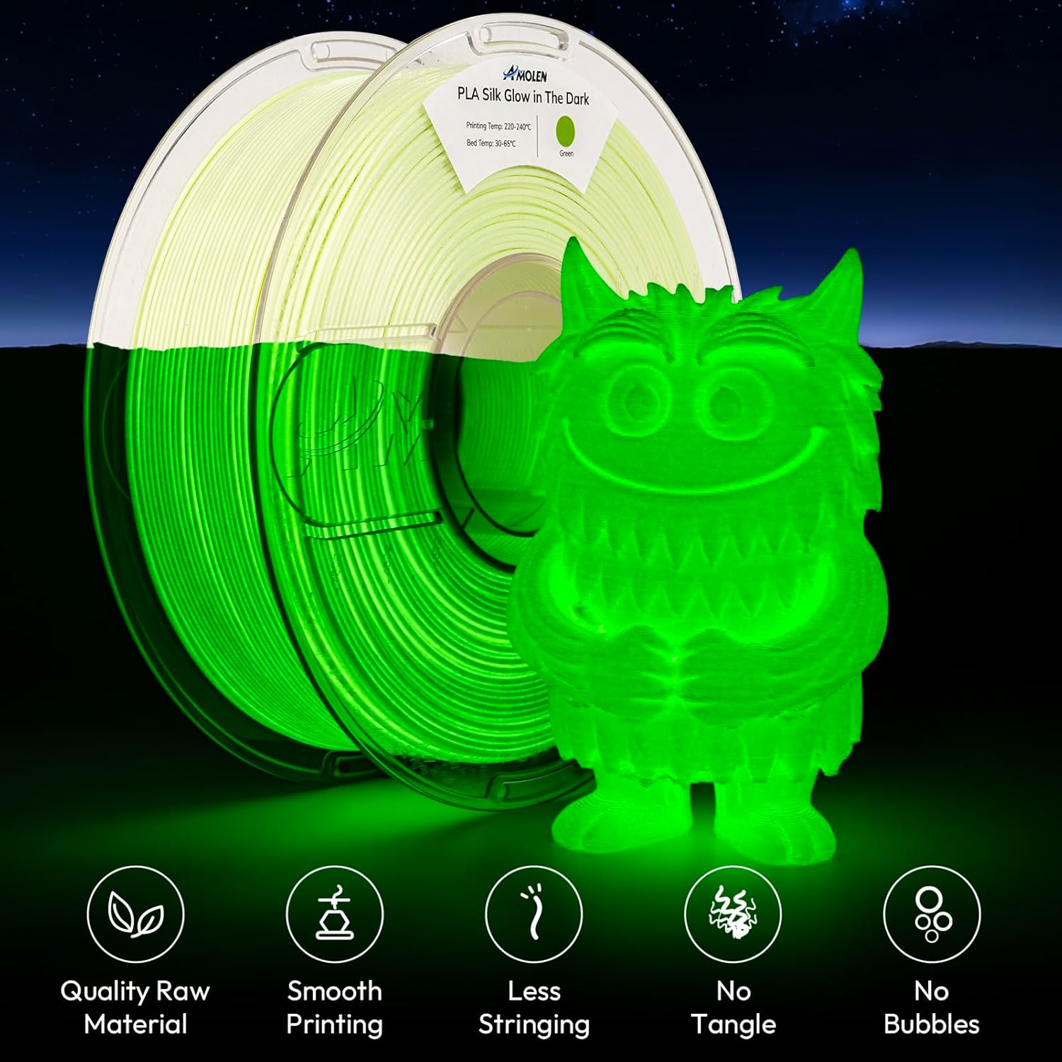 Amolen Glow in The Dark Pla Filament,Shiny Silk & Glow 3D Printer Filament Pla Glow Pla Filament 1.75mm Green, Best with UV Lamps, Dimensional Accuracy +/- 0.02 mm 1KG(2.2lb) - Image 2
