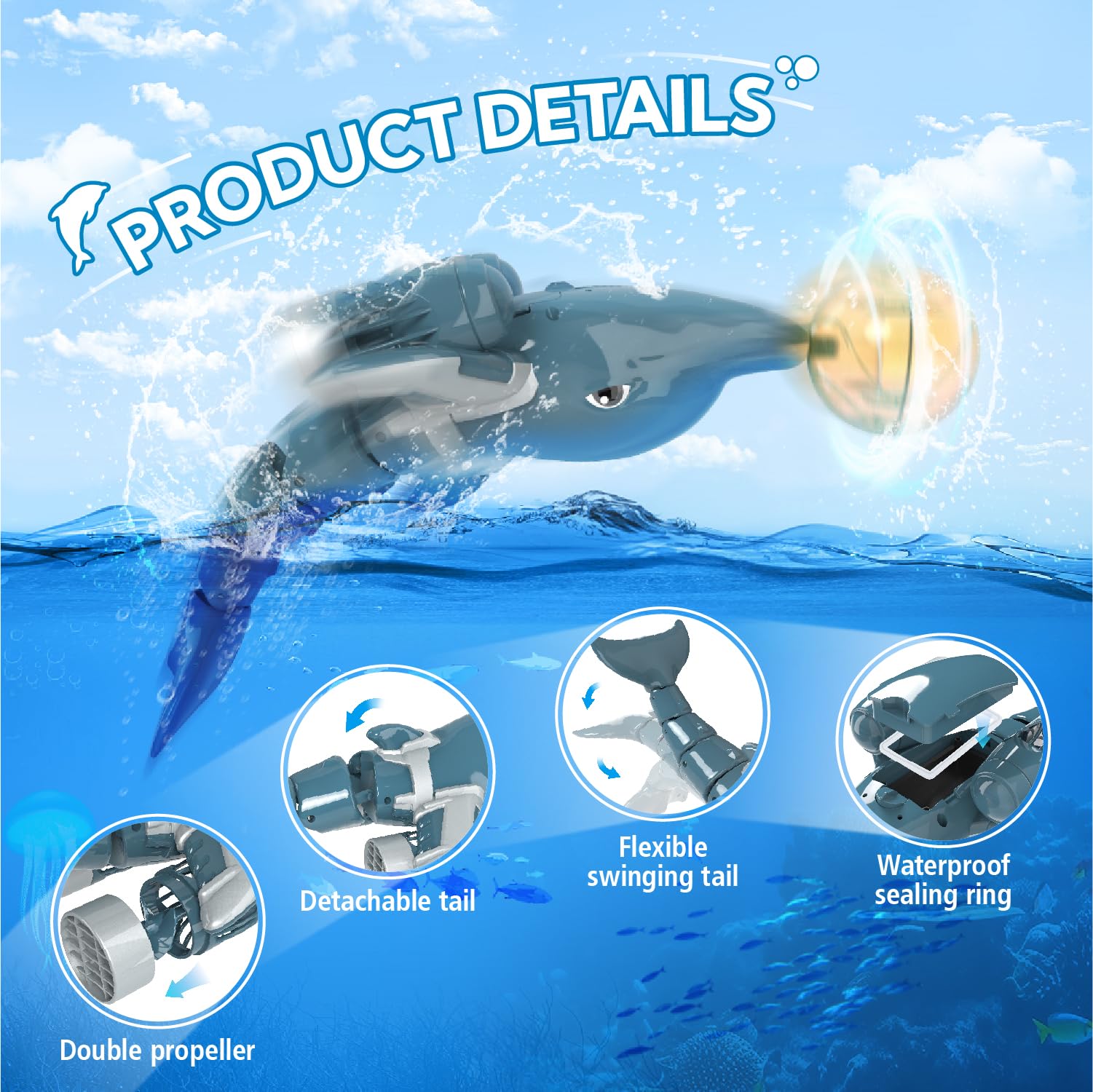 snookids Giocattolo delfino telecomandato, 2.4GHz simulazione delfino RC barca squalo telecomandato, bambini giocattolo d'acqua in estate vestito per ragazzi e ragazze