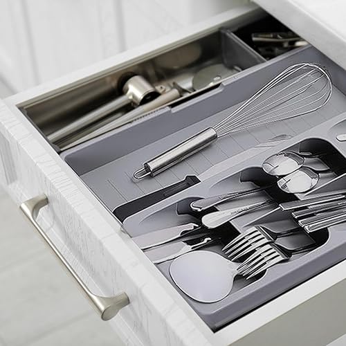 Miniatura 9 de Organizador de cajones de cubiertos con bandeja expandible para cajón de cocina, almacenamiento de utensilios de cocina compacto ajustable para