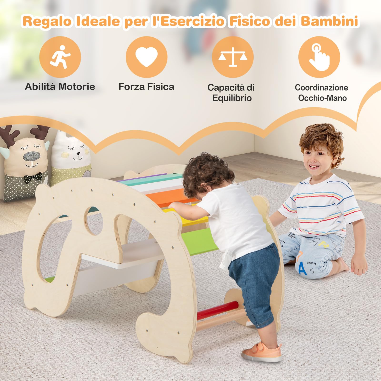 COSTWAY 2 in 1 Arco da Arrampicata per Bambini, Arrampicata ad Arco con Dondolo Schienale e Sedile, Cavallo a Dondolo in Legno per Bambini 1 Anni +