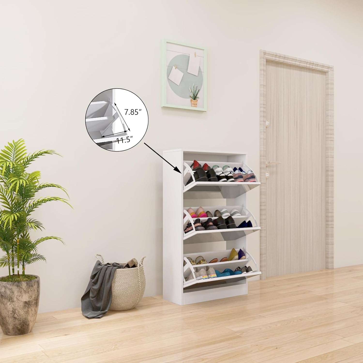 Narrow Shoe Storage Cabinet with Mirror, Wood Slim Shoe Rack 3 Tier Shoe Organizer for Home and Apartment, White