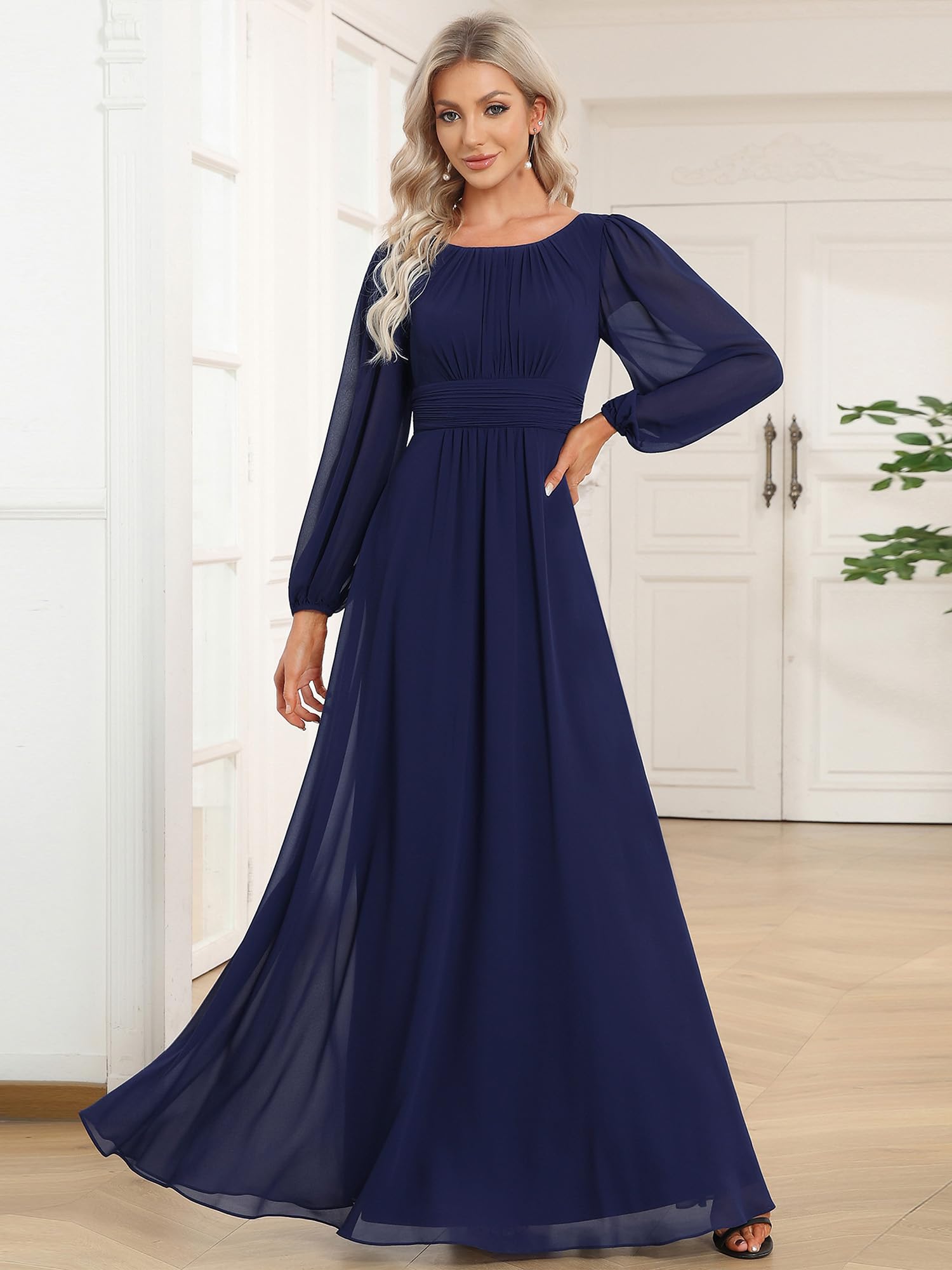 Ever-Pretty Robe Demoiselle d'honneur Femme Longue Manches Longues Col Rond Mousseline Chic ES0106B