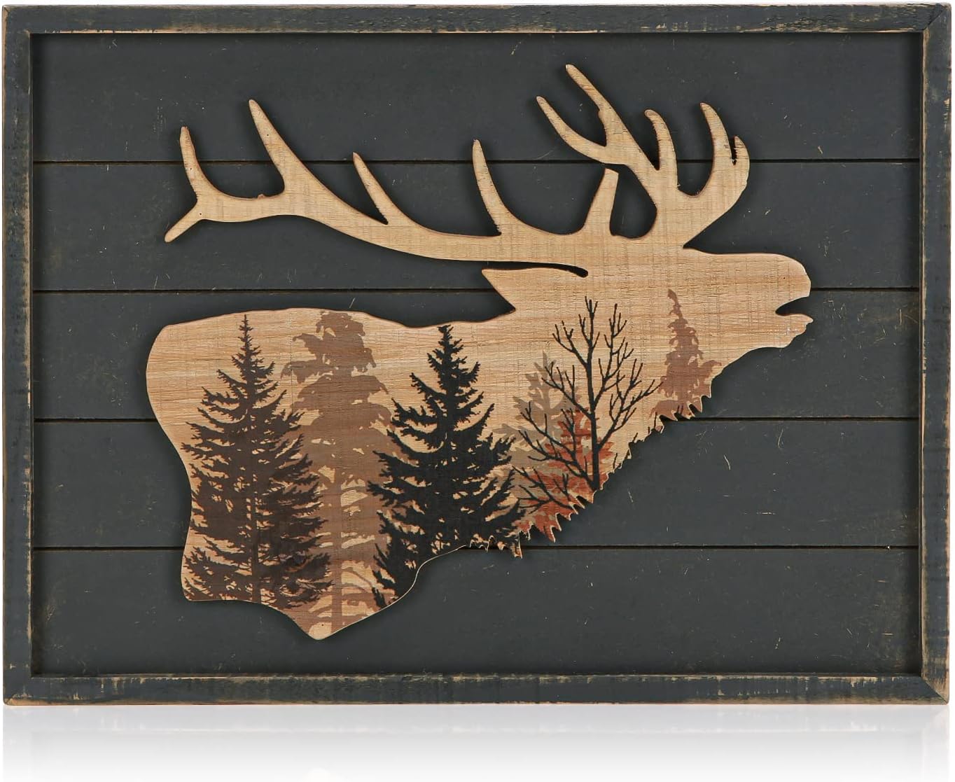 NIKKY HOME Cabin Wall Decor, Decorative Moose Wood Framed Forest Mountain Woodland Wildlife Lodge Deer Animal Picture Art Print Bathroom Decor, 16 x 12 Inches