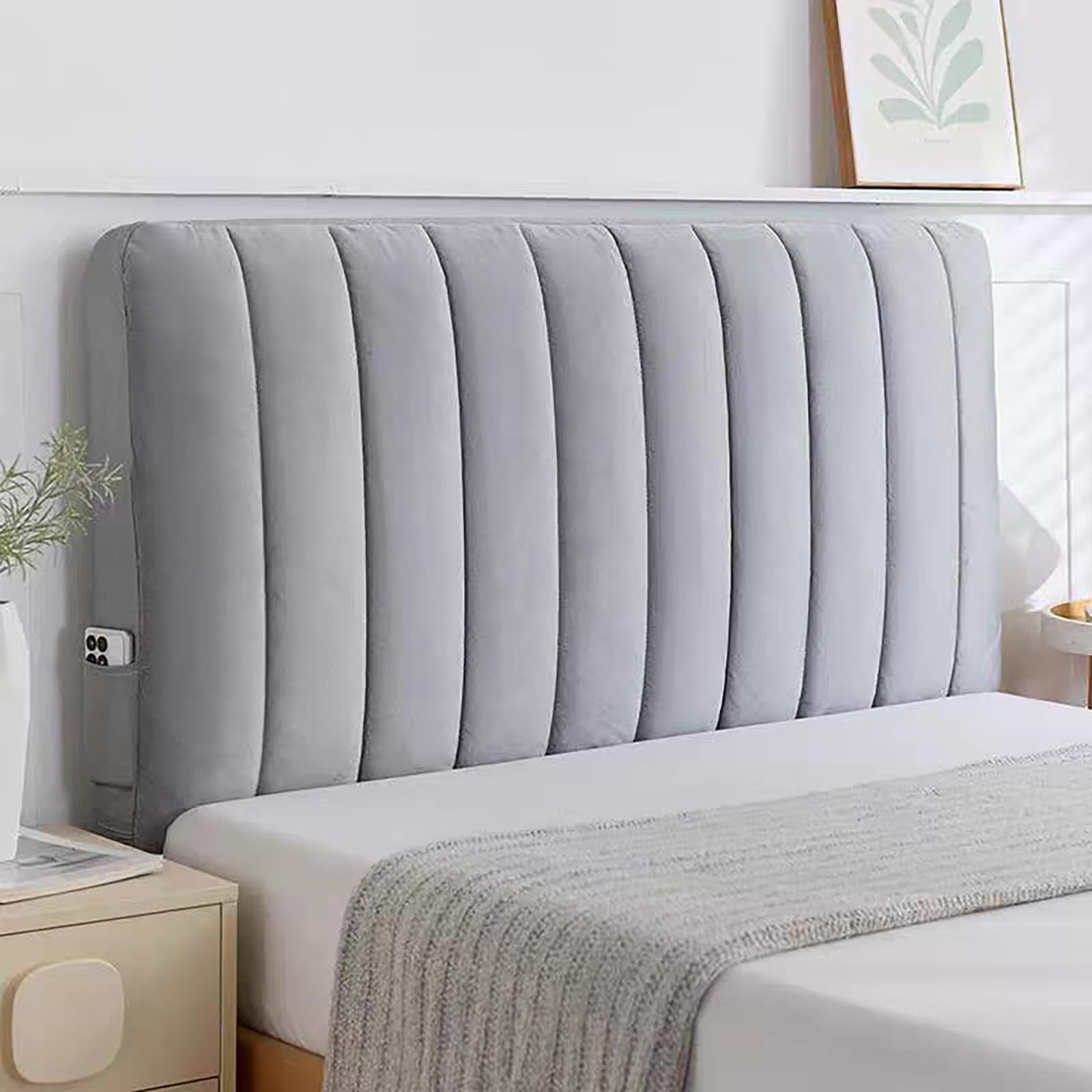 TLMQYXZE Headboard Slipcover，Bed Headboard Cover Protector Padded Velvet Dustproof Stretch Solid Color Quilted Bed Head Covers， For Twin Queen Full California King Size Beds(Light grey,190x70cm)