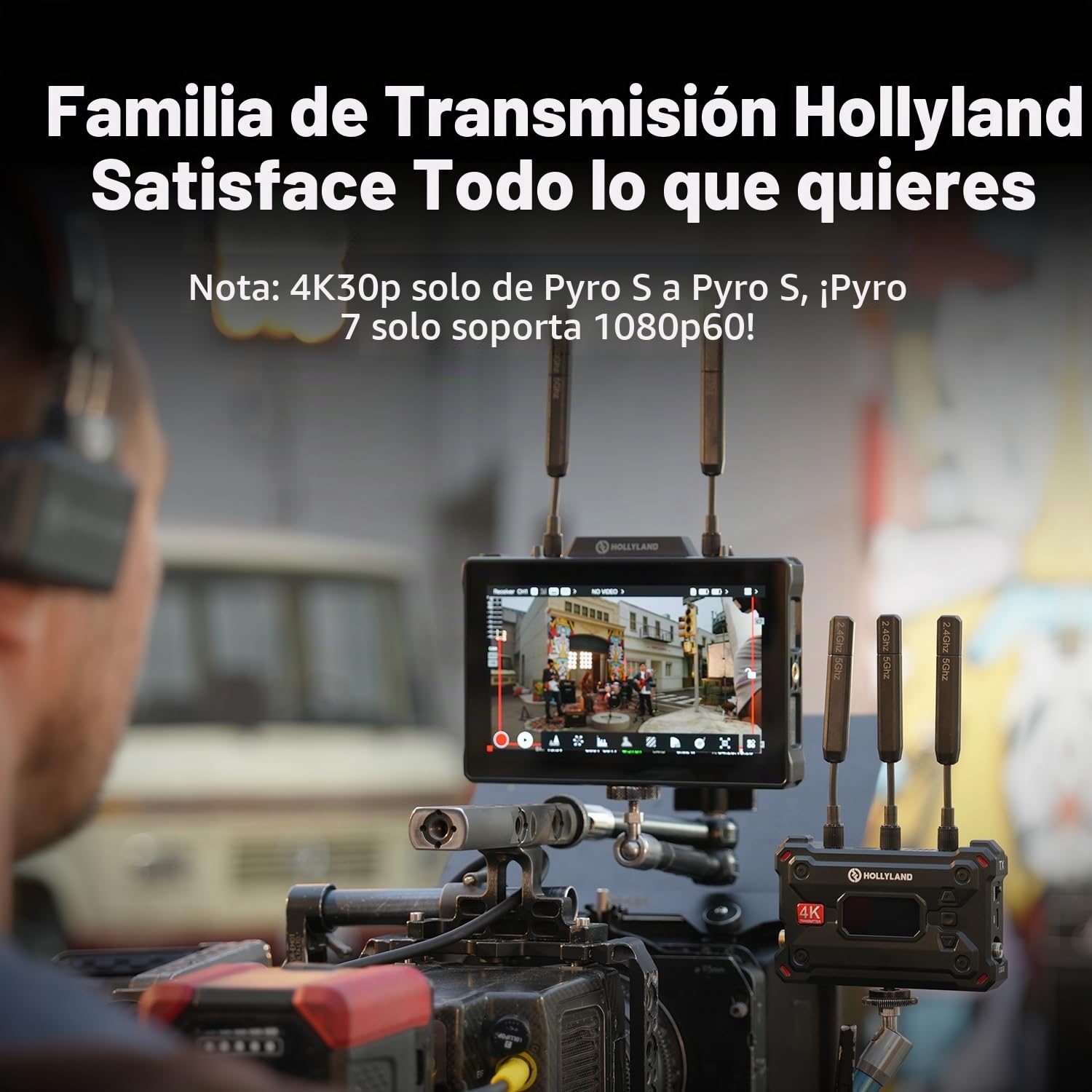 Hollyland 4K Video Transmit Family - Transmisor Receptor Inalámbrico Pyro S (TX&RX) y Transmisor/Receptor/Monitor Inalámbrico Pyro de 7 Pulgadas (1 Set)