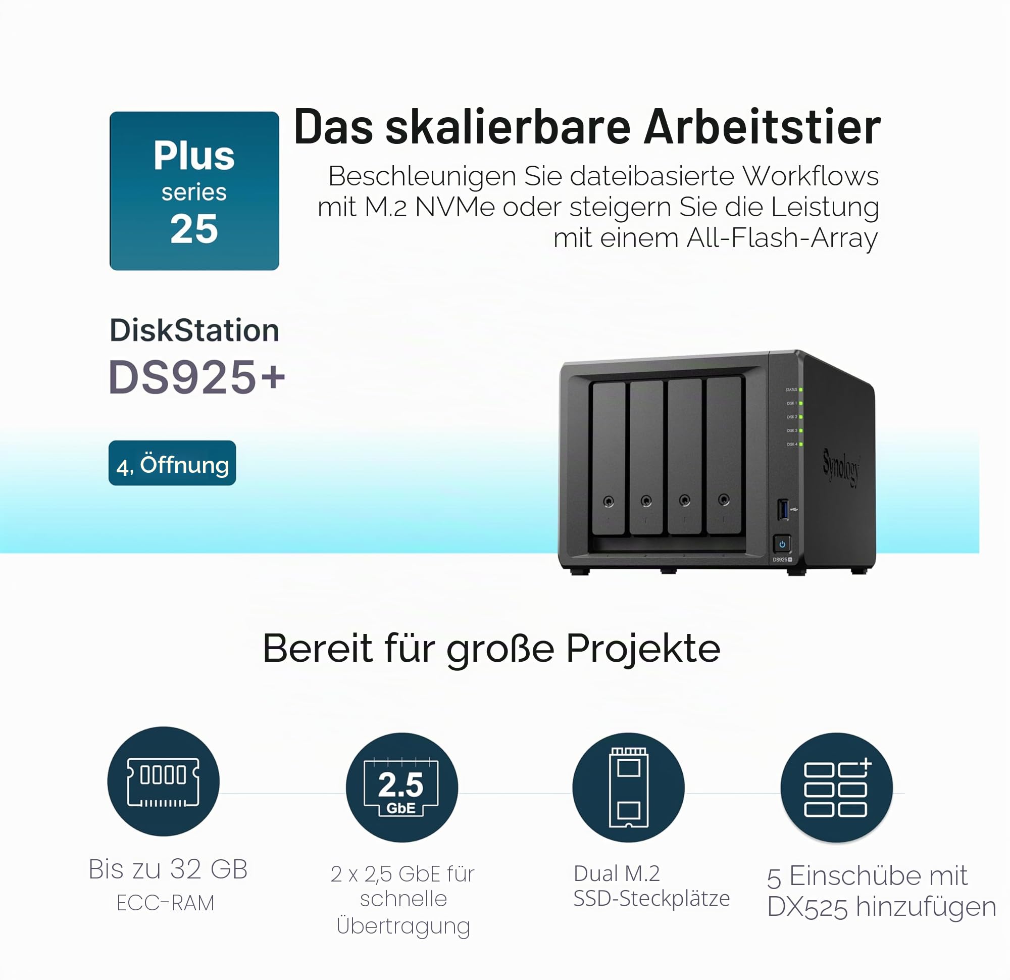 SYNOLOGY NAS DS925+ 4 Einschübe mit erweiterbarer Kapazität (ohne Festplatte)