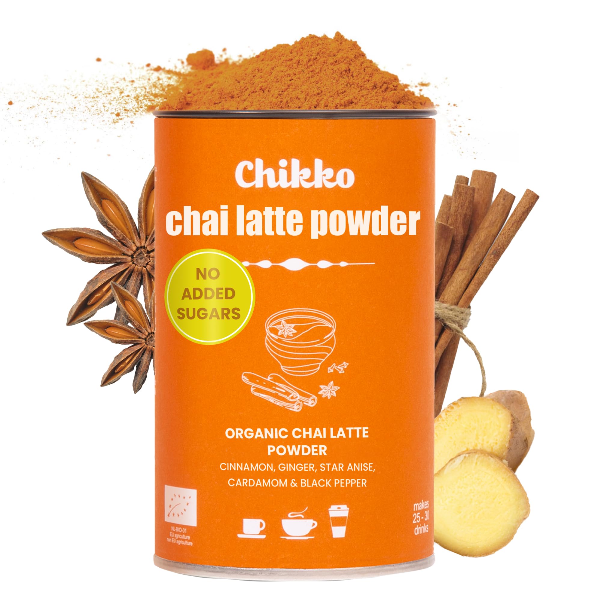 Chikko Organic Chai Latte Mix Powder 130g - Authentic & Soothing Spiced Drink - Additive-Free, Chemical-Free, 100% European Ingredients - Comforting Drink Perfect for Cozy Moments