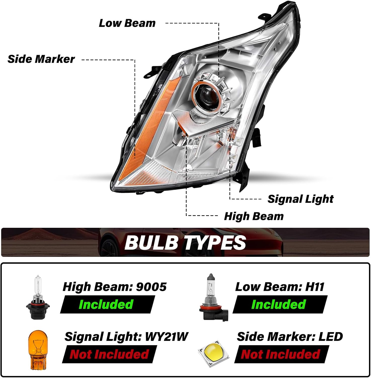 BRYGHT Fits for 2010 2011 2012 2013 2014 2015 2016 Cadillac SRX Halogen Headlight Assembly Projector 10-16 Front Lamp OE Style Left Driver Side with Bulbs