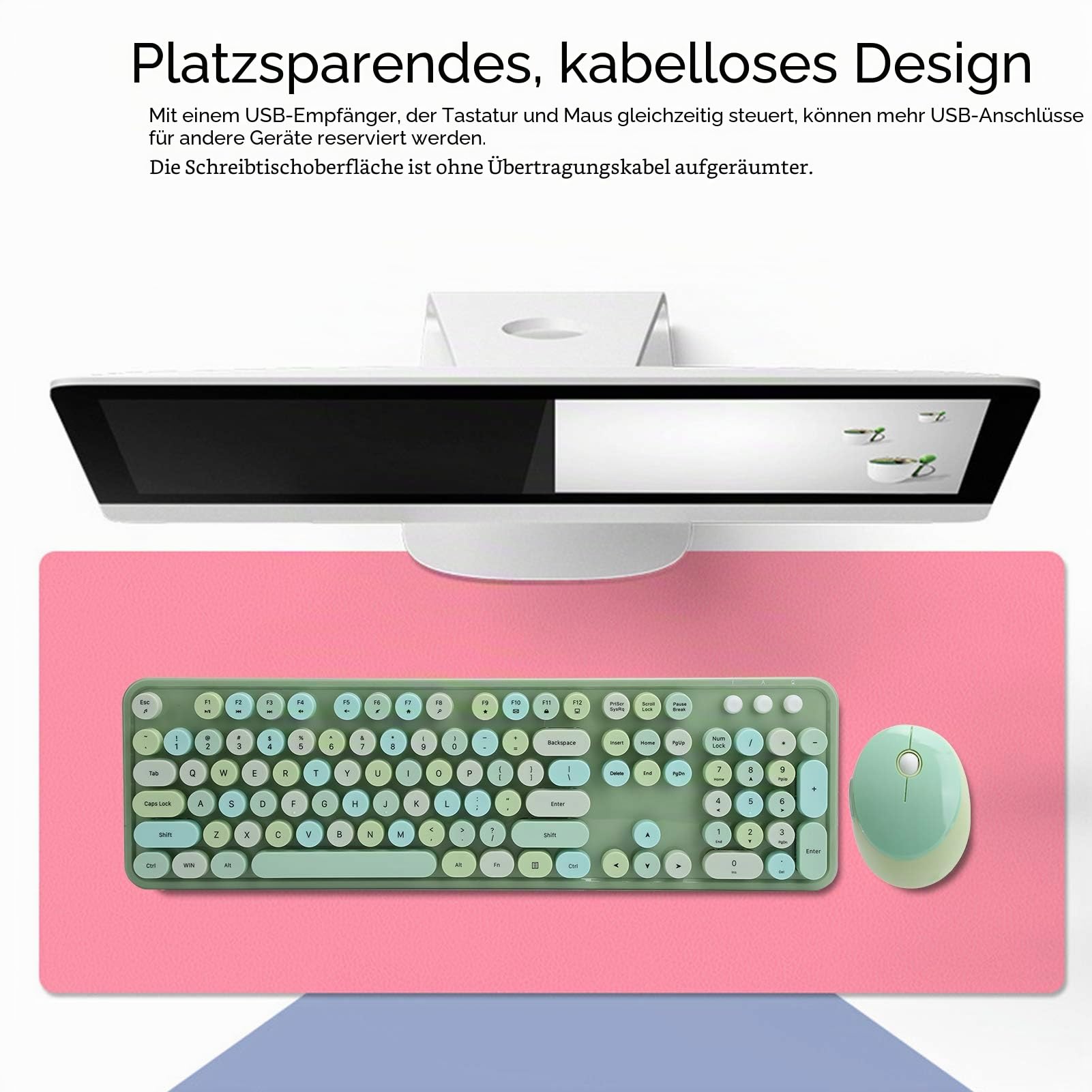 Set aus kabelloser Tastatur und Maus, leise, langlebig, ergonomisch, leise, diskret, 104 Tasten im Retro-Stil, abgerundet, mit USB-Empfänger, Pastellgrün, für XP/Win7/Win8/Win10
