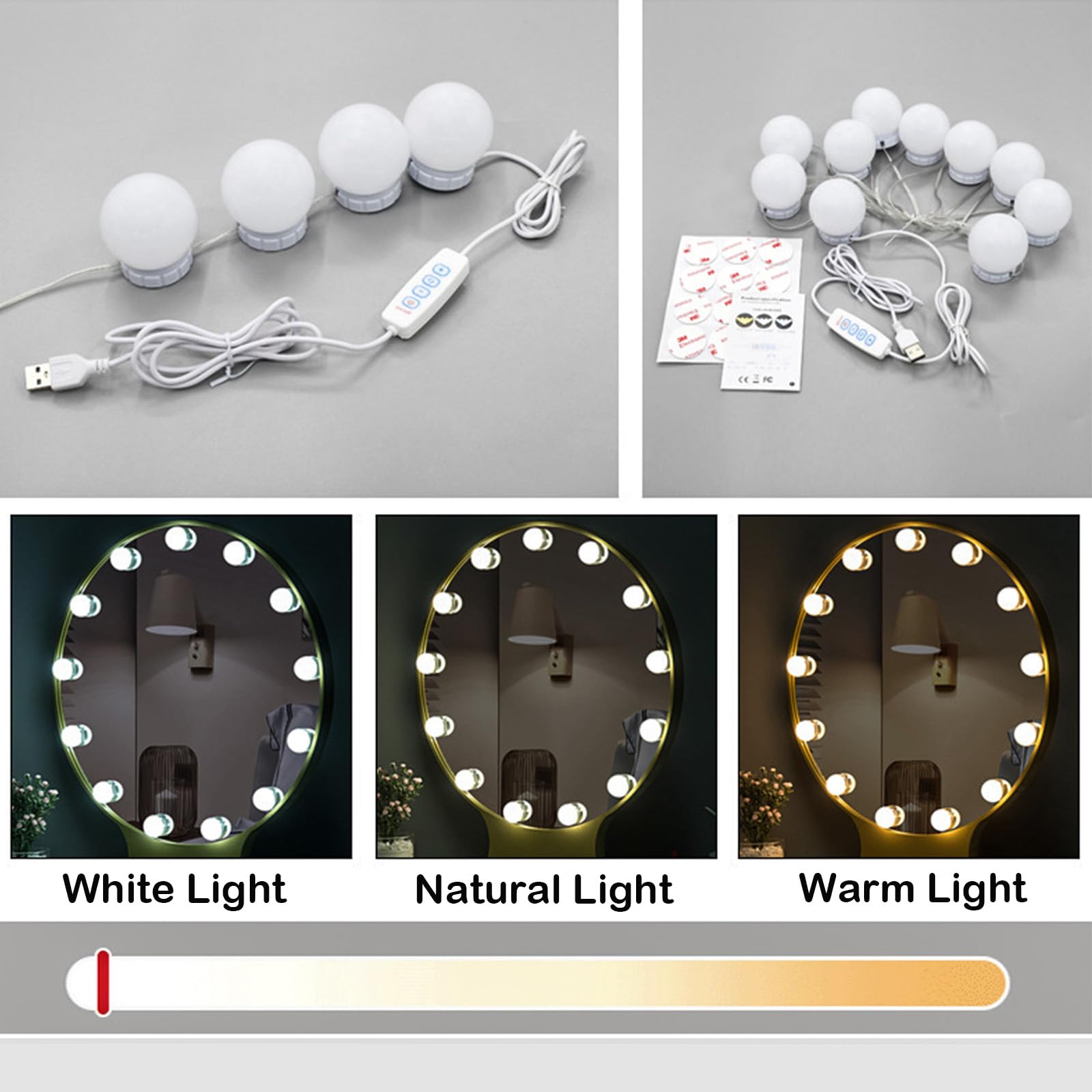 Xinlie 14 lamp LED do lustra, oświetlenie lustra, do toaletki, 3 zmiany kolorów i 9 ściemnianych lampek, z włącznikiem, do lustra kosmetycznego, łazienki