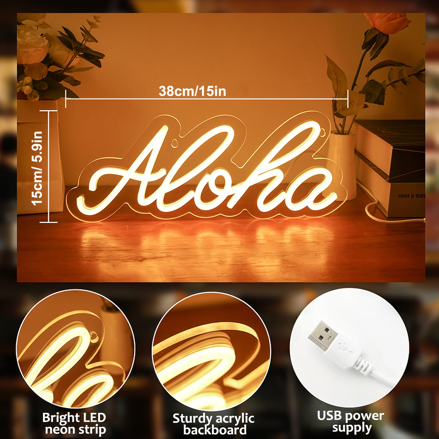 Aloha Neon Light Aloha Warm White Neon Sign for Wall Decor, 15