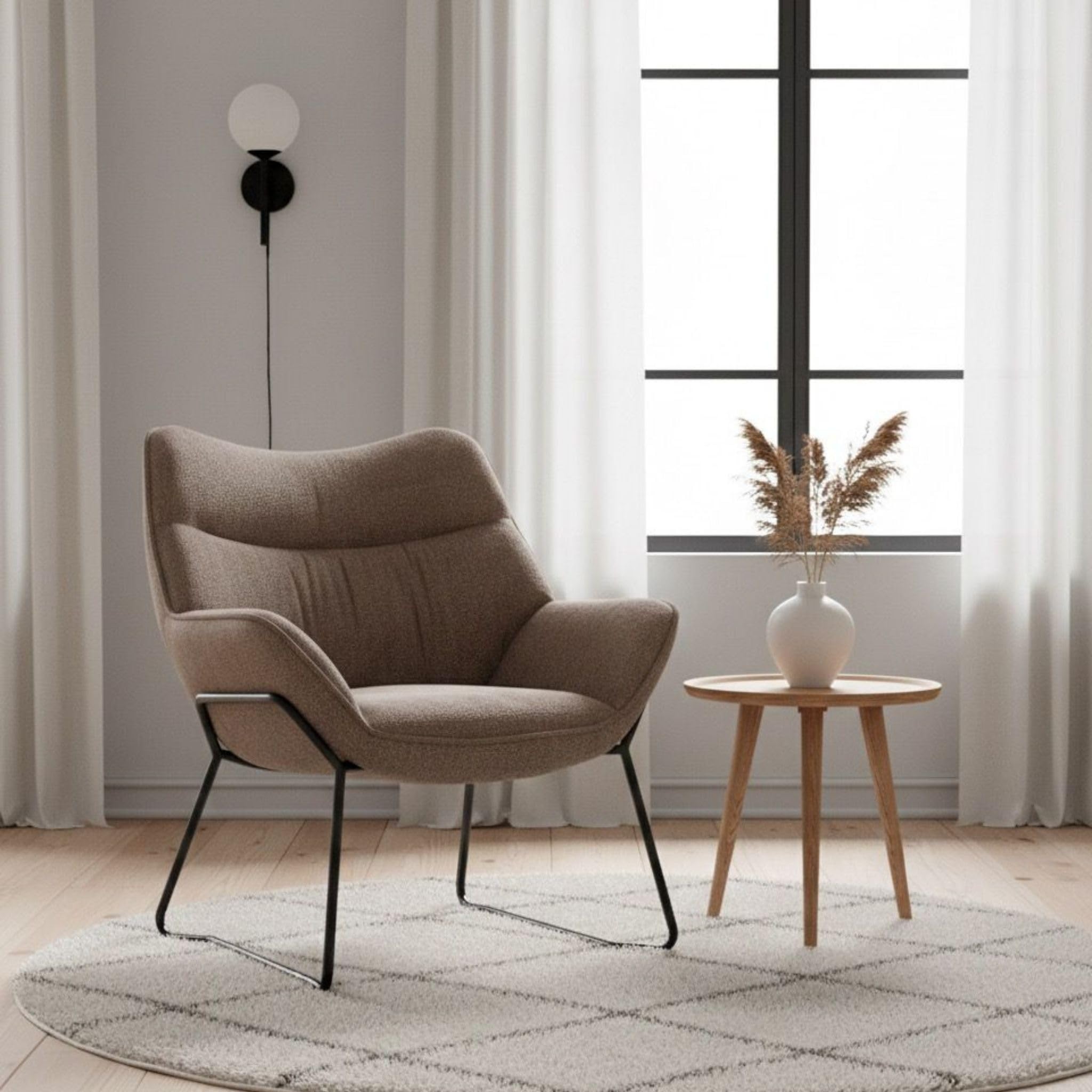 MR. DEKO® Loungesessel Aliano Braun I Bequemer Polstersessel aus Stoff I Moderner Wohnzimmer Sessel mit Armlehnen I HxBxT 76x73,5x67 cm