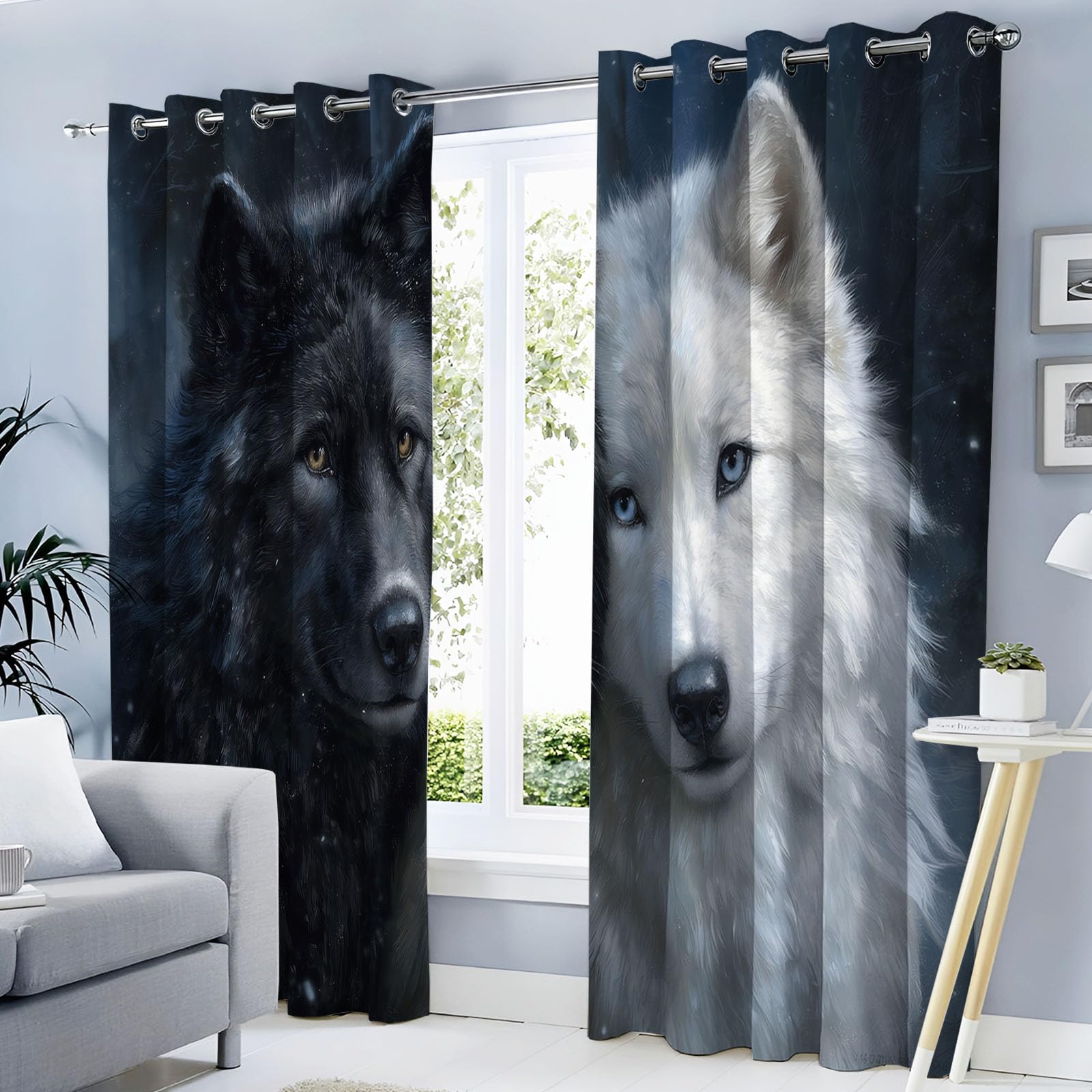 Cortinas Opacas De Lobo Negro Lobo Blanco, Realismo Animal Cortinas Opacas con Aislamiento Térmico para Oscurecer La Habitación, con Ojales, para Sala De Estar, 140 x 245 cm (2 Paneles)