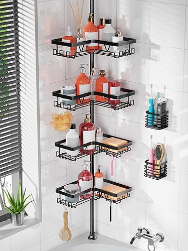 Miniatura 10 de KEGII Organizador de Ducha con Barra de Tensión – Estantes de Baño Ajustables de 4 Niveles en Esquina con 2 Soportes para Jabón, Ganchos, Estante de
