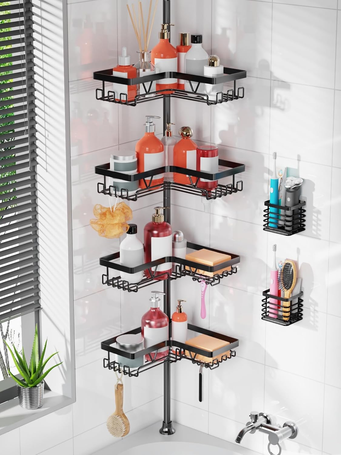 KEGII Set of 2 Wall Mount Toothbrush Holders with Tension Pole Shower Caddy Rustproof Bathroom Organizer with Soap