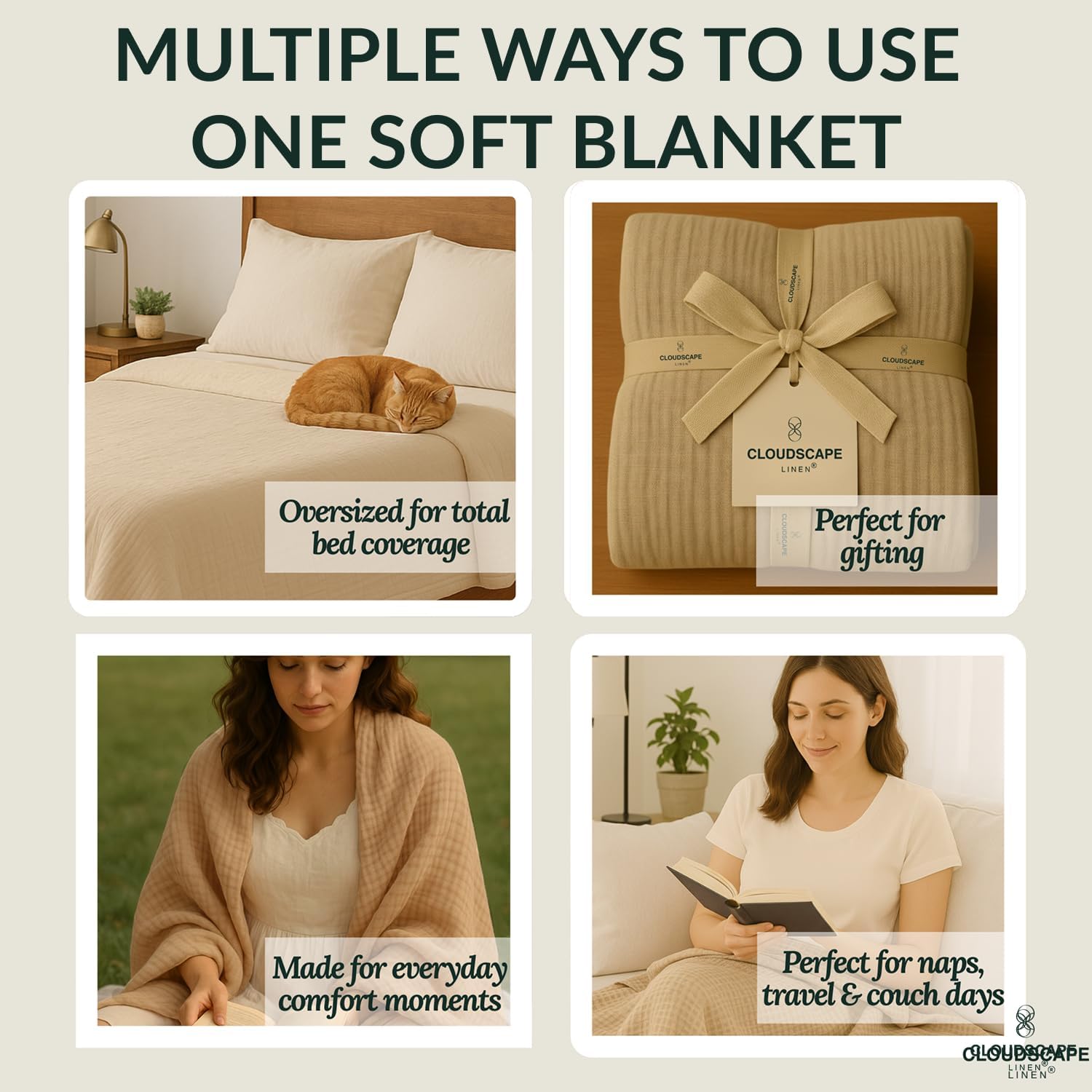 CLOUDSE Cotton Muslin Blanket Twin Size, 4 Layer Oversized 68x92