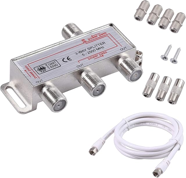 Justech 3 Way TV Aerial Splitter Coax Splitter F Type Splitter 5-2500MHz with 1.5m Coax Cable F Plugs for Sky Box Telewest Eurovox Starview Dreambox