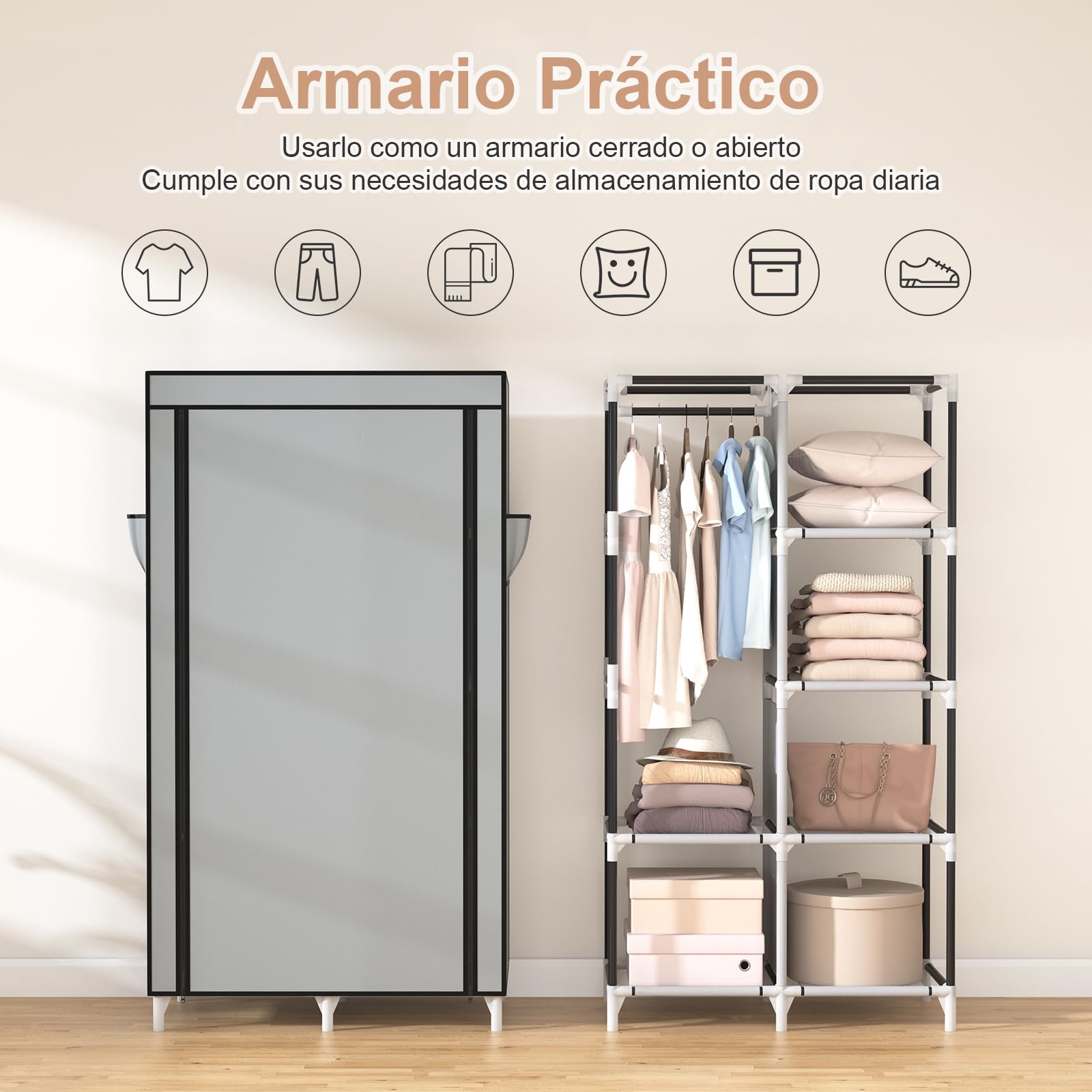 Vicye Armario de Tela, Organizador Armario Ropero Portátil con 1 Barra para Colgar y 6 Estantes para Dormitorio, Vestidor, Salón, Gris, 84 x 42 x 162 cm