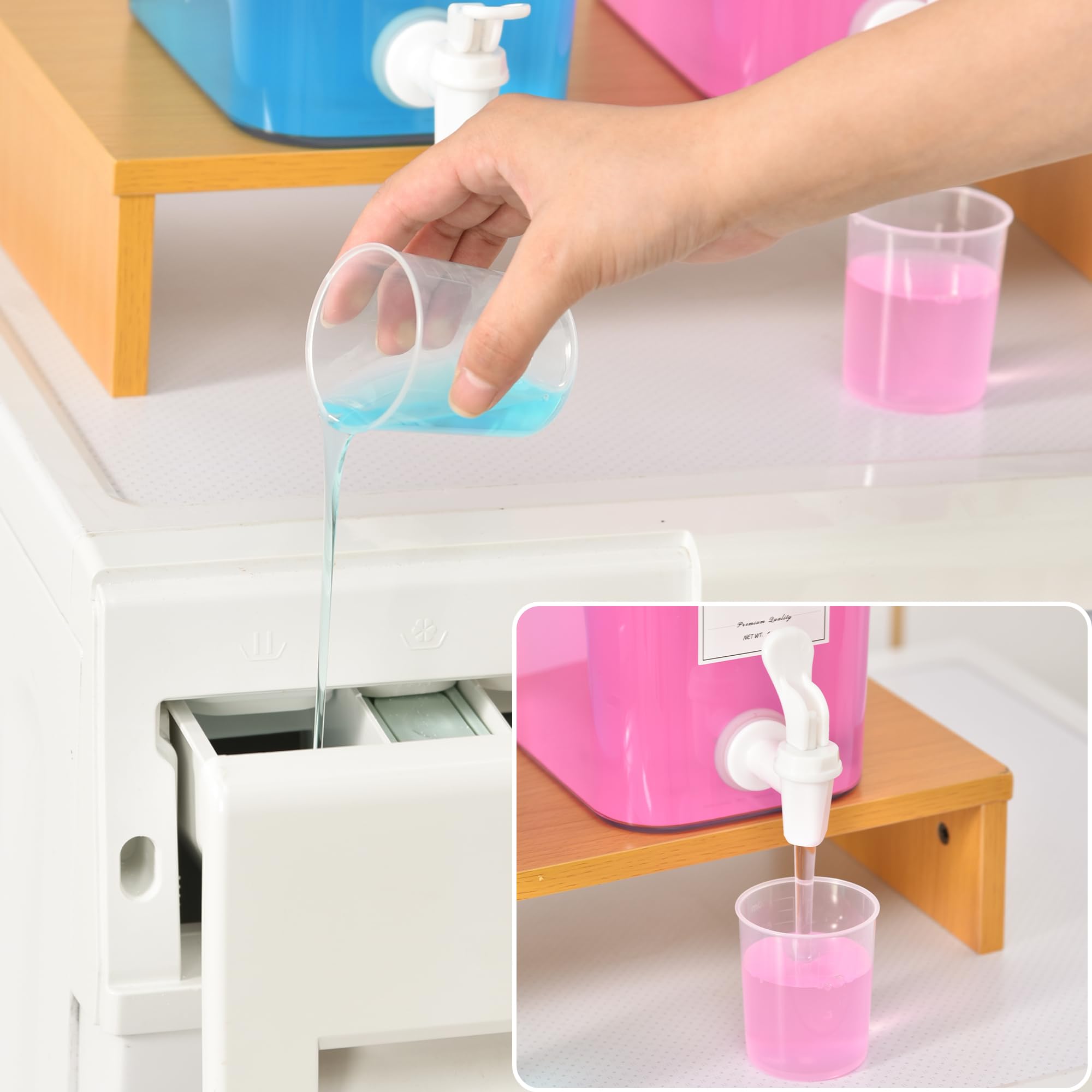 RoleDes Juego de dispensador de detergente líquido para ropa con estante y tapas de bambú para organización y almacenamiento de lavandería (grande)