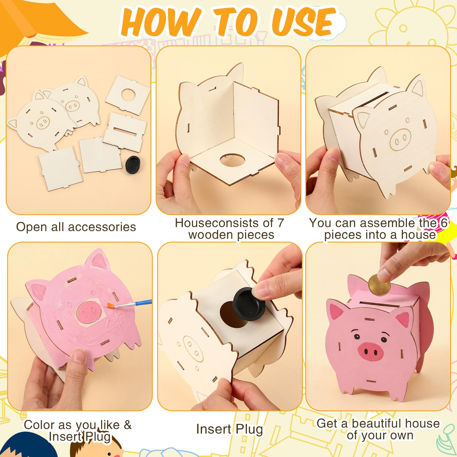 Weysat 24 Set DIY Holz Sparschwein Kit Unvollendete Schwein Münzen Banken Handwerk mit Farbstreifen Pinsel Palette Geld Sparbox Kleine Kleingeldbehälter Kunst Handwerk für Geburtstag Zuhause Festival