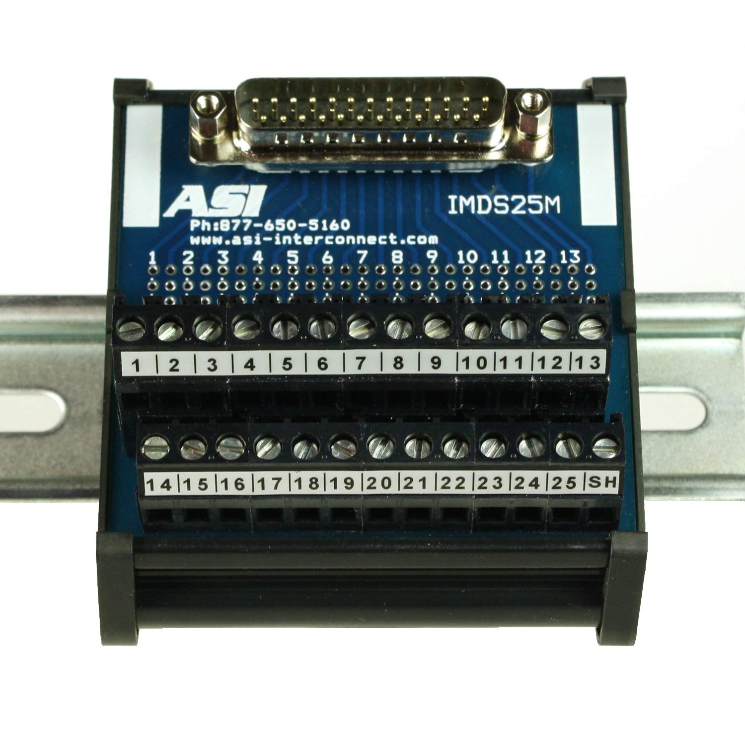 ASI 11004 26 to 12 AWG IMDS25M DIN Rail Mount Interface Module, Cable to Wire Transition, 25 Position Male D-Sub Connector to Screw Clamp Terminal Blocks, 2.99" Length