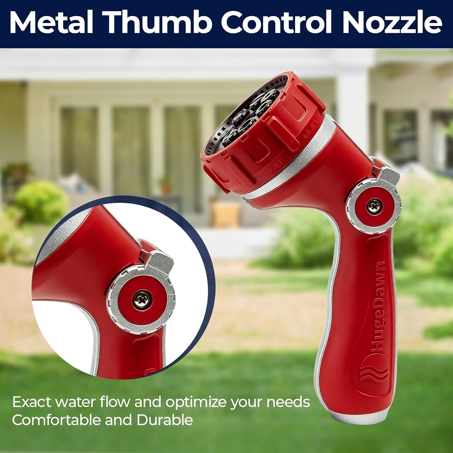 HugeDawn Garden Hose Nozzle with 7 Spray Patterns, Heavy Duty Metal Sprayer 30% Greater Water Flow for Watering, Car Wash, Outdoor Cleaning (Red) image 3