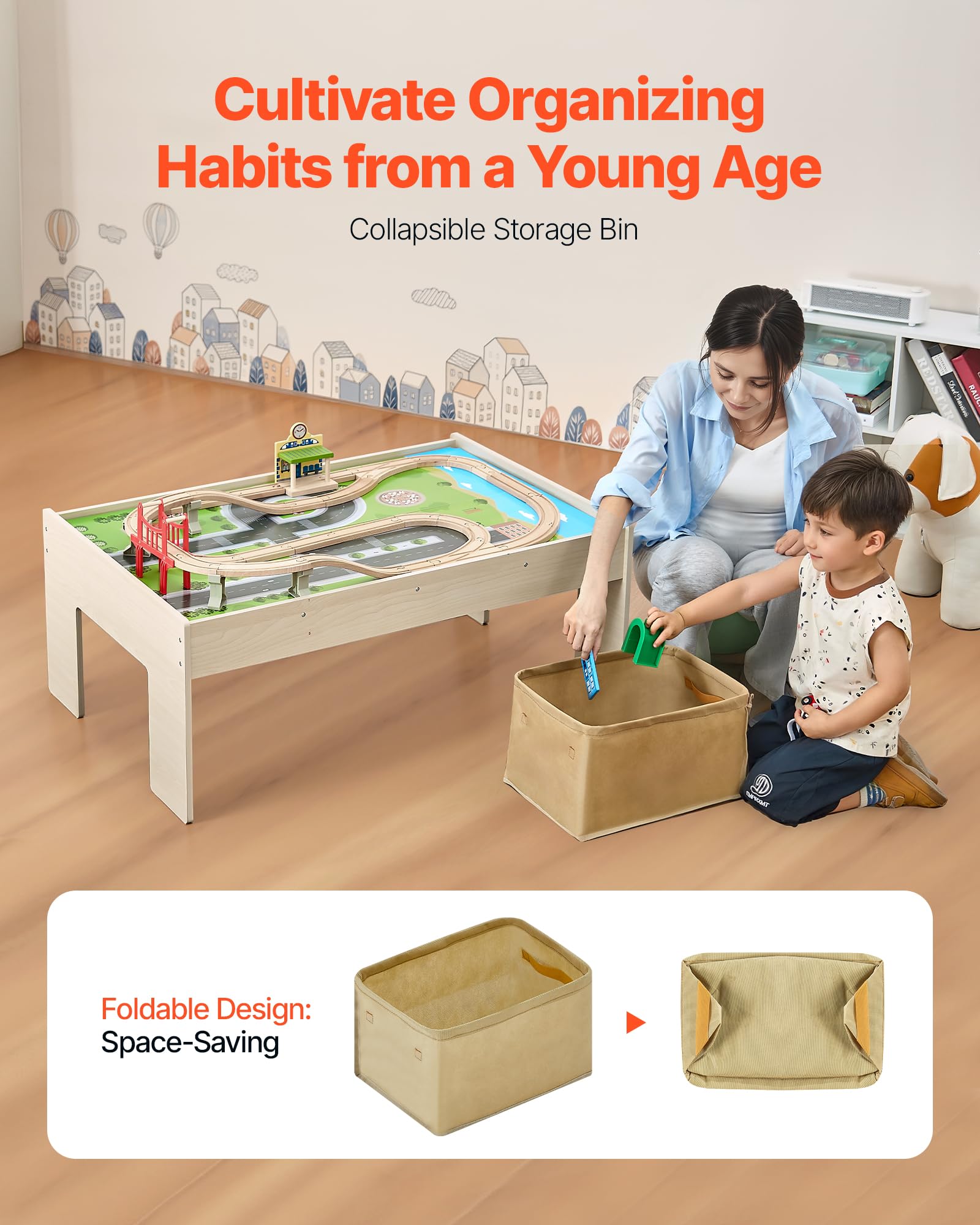 VEVOR Holz Aktivitätstisch, 84-teilig, mit zusammenklappbarem Aufbewahrungsbehälter, 3-in-1-Eisenbahnset zum Spielen, Malen, Lesen, Essen, kreatives Spielzeugset für Kinder ab 3 Jahren