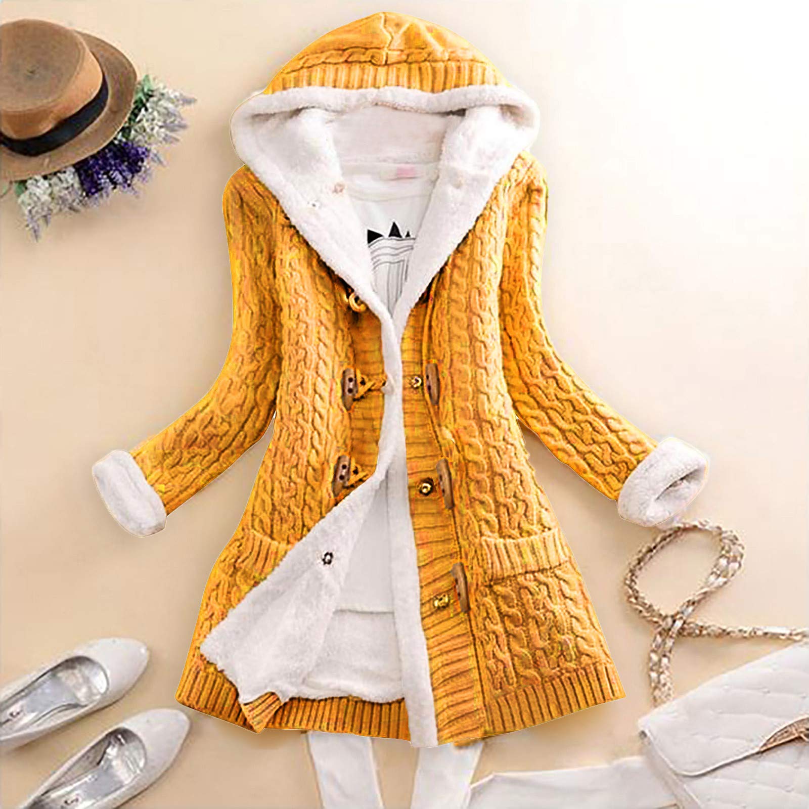 Cárdigan largo de punto grueso para mujer, suéter frontal abierto, elegante abrigo de punto con capucha, cárdigan de punto largo con botones, chaqueta de felpa para niñas, chaqueta de forro polar,