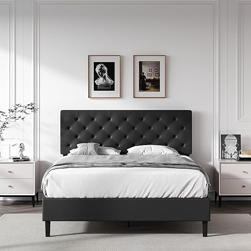 Miniatura 8 de Marco de cama matrimonial con cabecero, plataforma tapizada de piel sintética, marco de cama negro tamaño matrimonial, soporte de listones de Negro