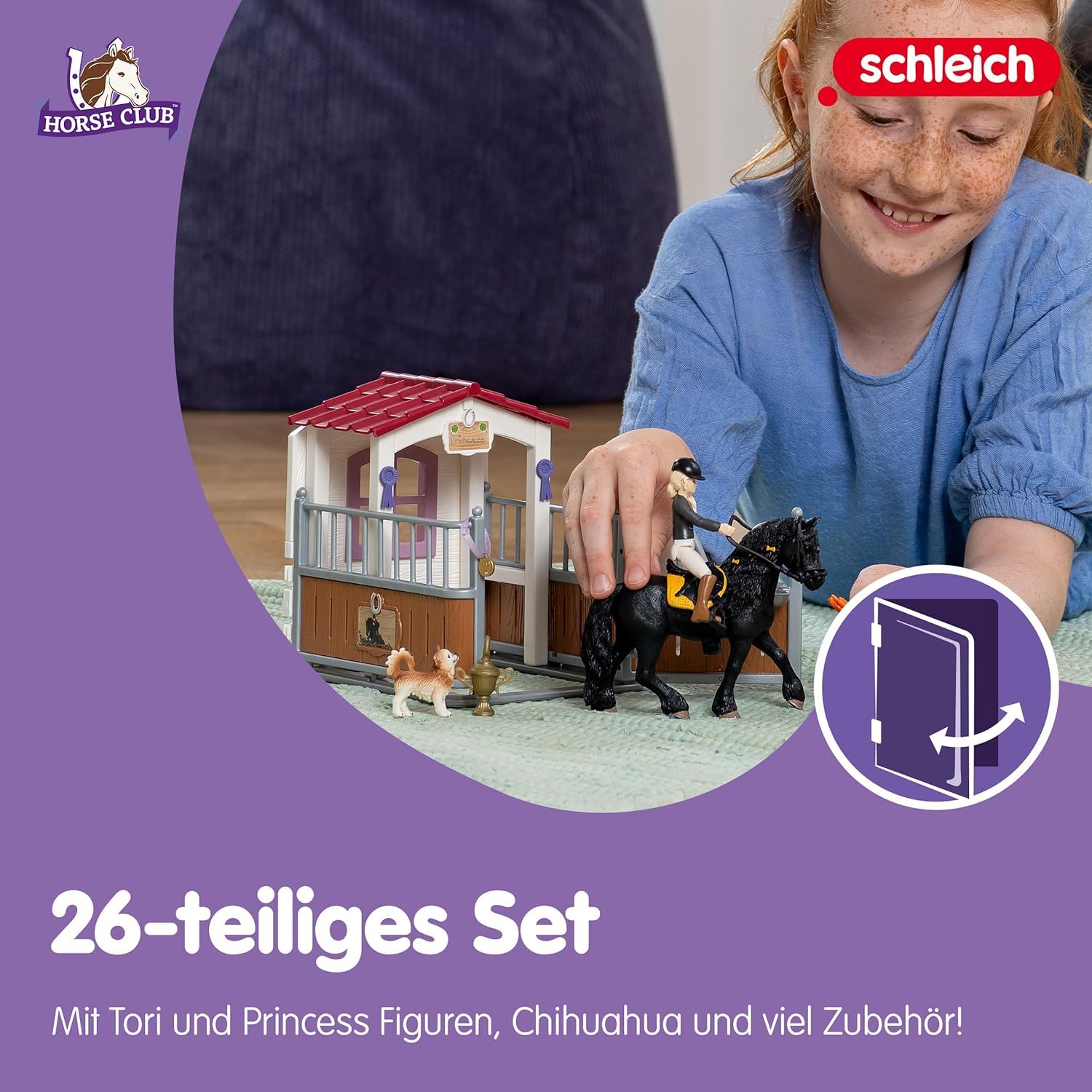 Schleich Horse Club | Pferdebox mit Tori & Princess 42437 | Set inkl. Stall, bewegliche Mädchenfigur, Pferd, Hund, Zaun & Accessoires | Pferde Spielzeug für Mädchen & Jungen ab 5 Jahren | 26 Teile