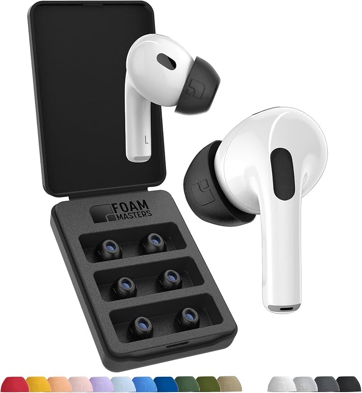 Foam Masters Ultra-Premium Memory Foam Ear Tips for AirPods Pro 3rd Gen (2025) | 3 Pairs | New Ver. | Secure Fit | Super Comfort | Better Noise Cancel | Replacement Buds (Assorted S/M/L, Black)
