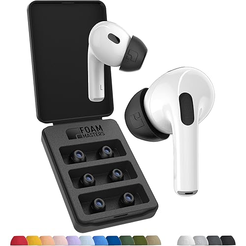 Foam Masters Ultra-Premium Memory Foam Ear Tips for AirPods Pro 1st & 2nd Gen | 3 Pairs | New Ver. | Secure Fit | Super Comfort | Better Noise Cancel | Replacement Buds (Assorted S/M/L, Black)