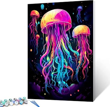 Tucocoo Jellyfish Paint by Numbers Kits 16x20inch Canvas DIY Digital Oil Painting for Adults with Brushes and Acrylic Pigment - Graffiti Colorful Marine Animal Picture for Home Decor Without Frame