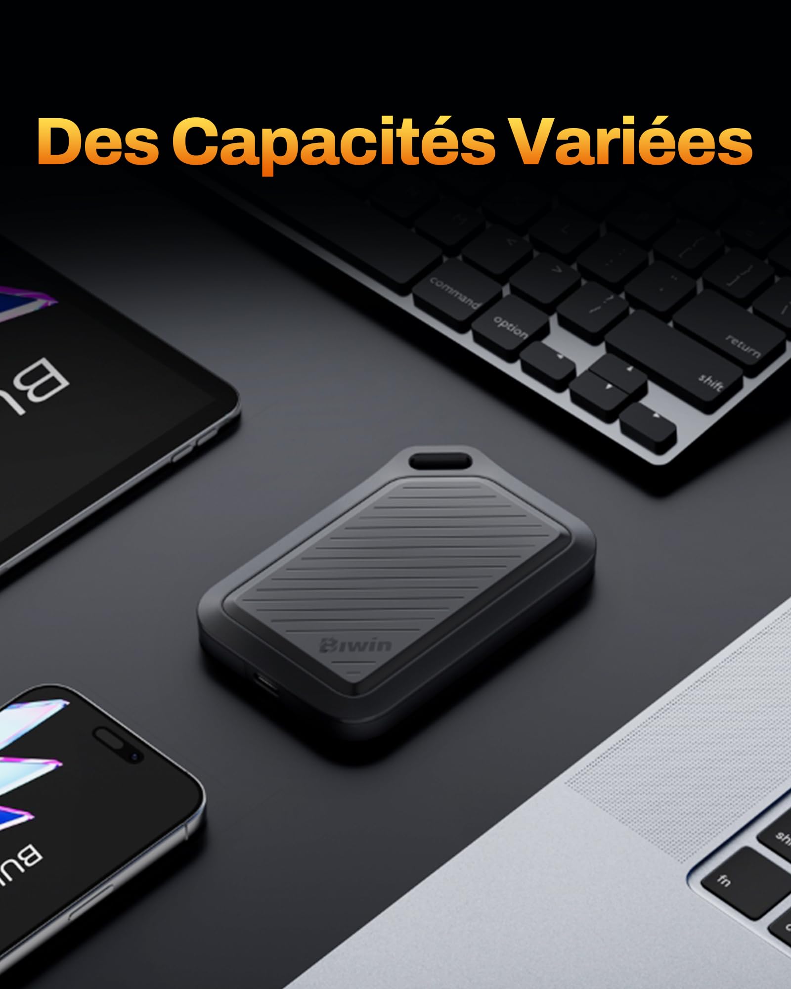 Biwin Disque SSD Externe PR2000 2 to, jusqu'à 2000 Mo/s, IP67 étanche à la poussière et à l'eau, Portable SSD, USB-C USB3.2 Gen2x2, Noir