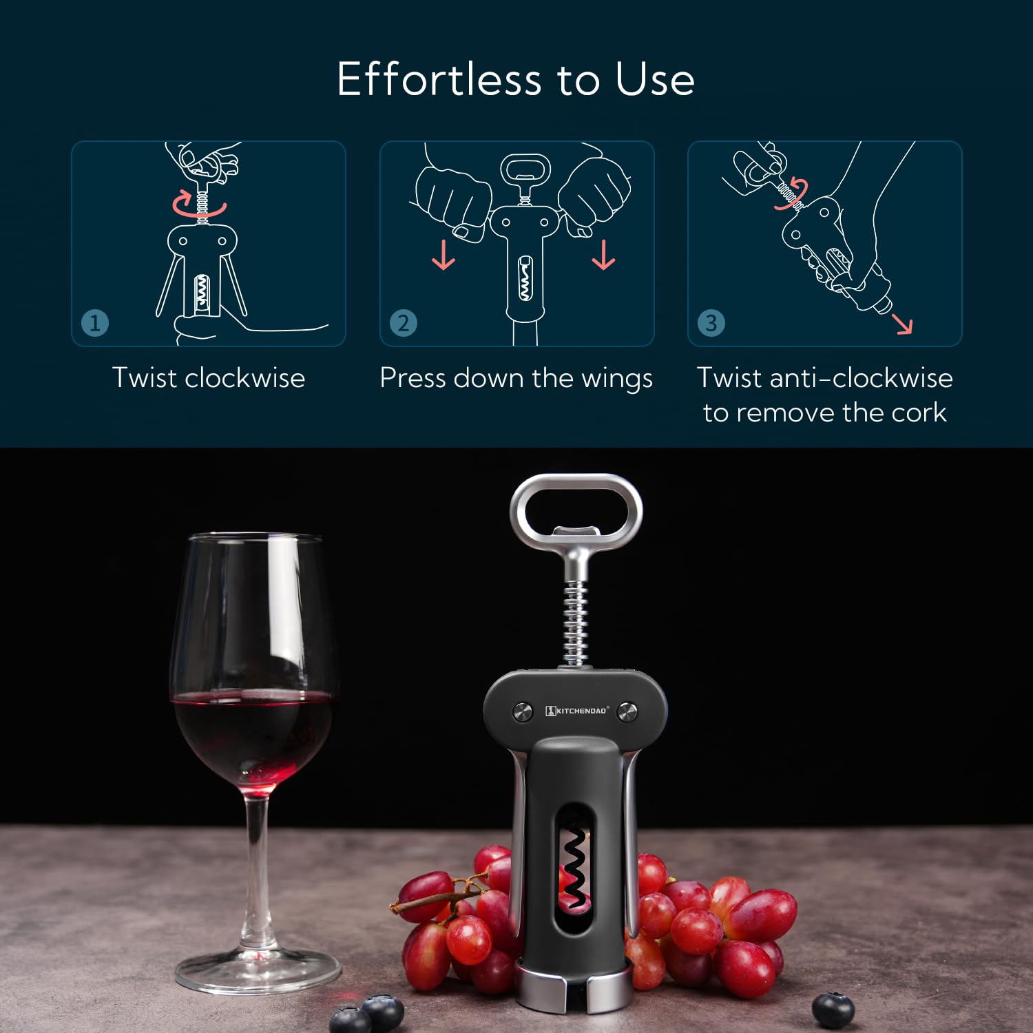KITCHENDAO 3 in 1 Korkenzieher Wein, Weinöffner mit Abnehmbarem Folienschneider, kapselheber mit Multifunktionalem, Manueller Flaschenöffner für Korken und Kappen, Schwarz