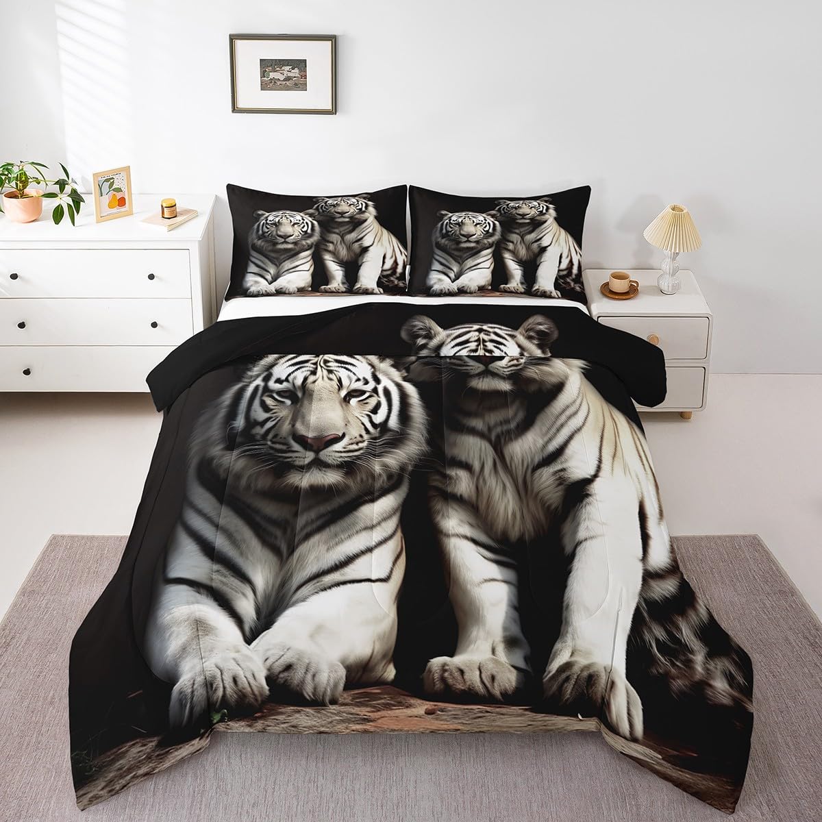 Erosebridal White Tiger Comforter Set Twin Size, 3D Animal Print Bedding Set for Kids Boys Girls Teens Adult, Gray Black Stripe Duvet Sets African