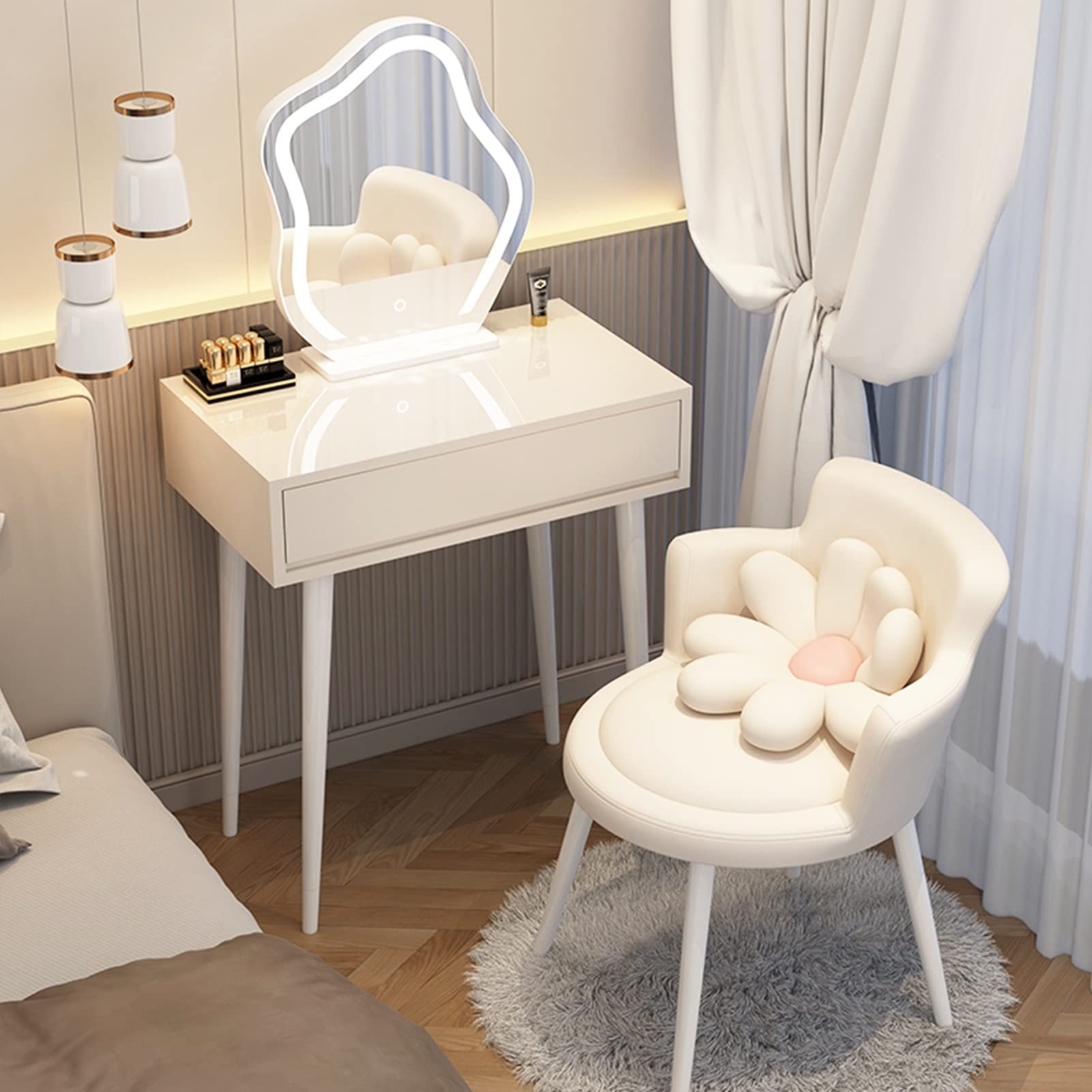 asdchZen Elegant Makeup Vanity Table With Led Lighted Mirror & Upholstered Stool, White & Grey Dressing Table For Bedroom, Spacious Drawers, 60Cm/23.6In,White B-60cm/23.6in