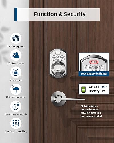 Miniatura 4 de TEEHO TE002L - Cerradura de puerta de huellas dactilares con 2 manijas de palanca, cerrojo de entrada sin llave con juego de asa, cerrojo de teclado